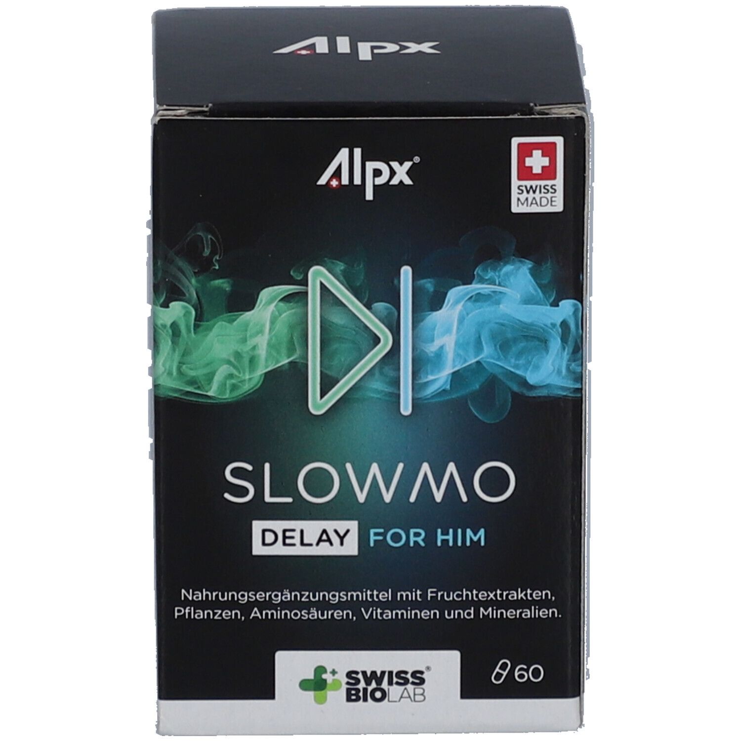 Produktverpackung. Aufschrift: Alpx, Slowmo Delay for Him. Swiss Made. Swiss Biolab Logo. Text in mehreren Sprachen.