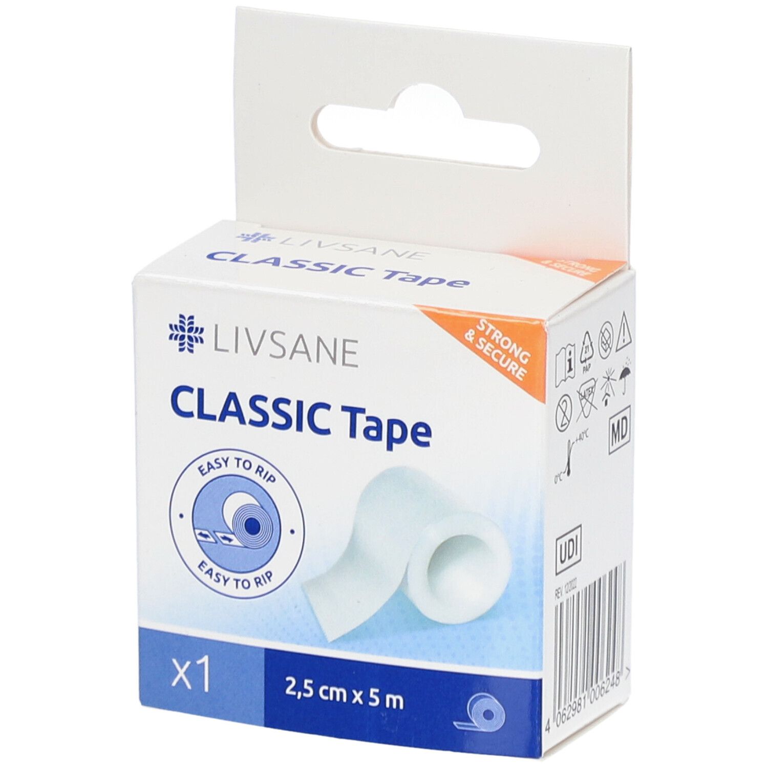 Emballage de LIVSANE Classic Tape. Ruban adhésif blanc, 2,5 cm x 5 m. Inscription : Classic Tape, x1, Easy to rip.