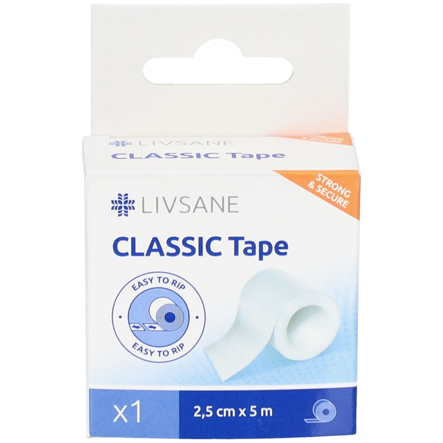 Emballage de LIVSANE Classic Tape. Ruban adhésif blanc, 2,5 cm x 5 m. Inscription : Classic Tape, x1, Easy to rip.