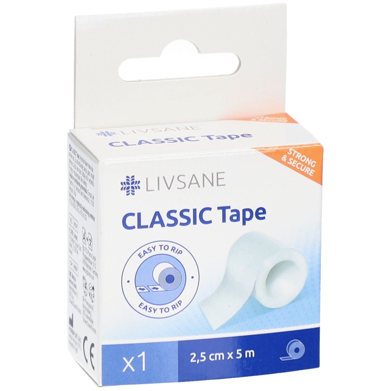 Emballage de LIVSANE Classic Tape. Ruban adhésif blanc, 2,5 cm x 5 m. Inscription : Classic Tape, x1, Easy to rip.