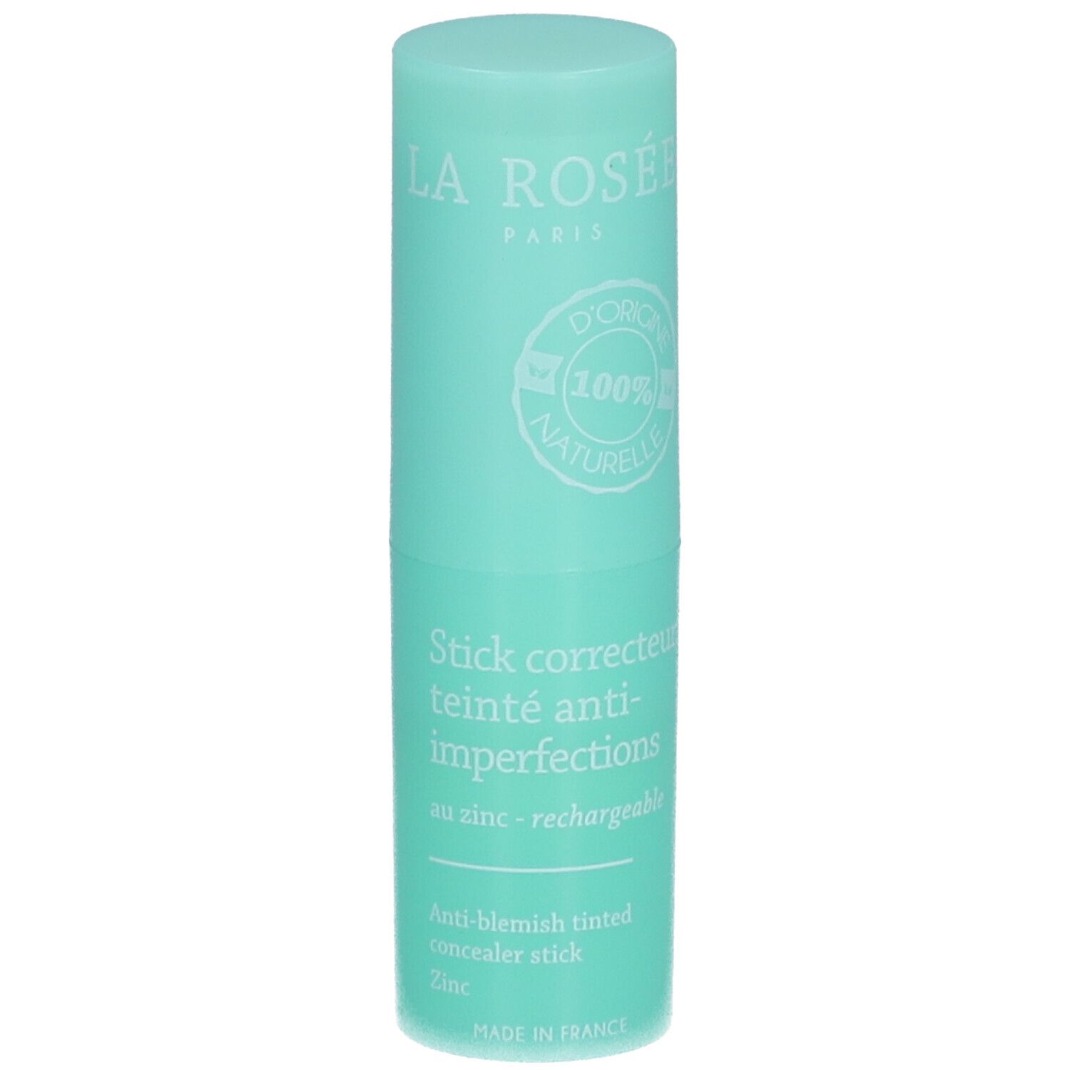 Bâton turquoise avec texte blanc. Inscription: La Rosée, Stick correcteur teinté anti-imperfections, au zinc.