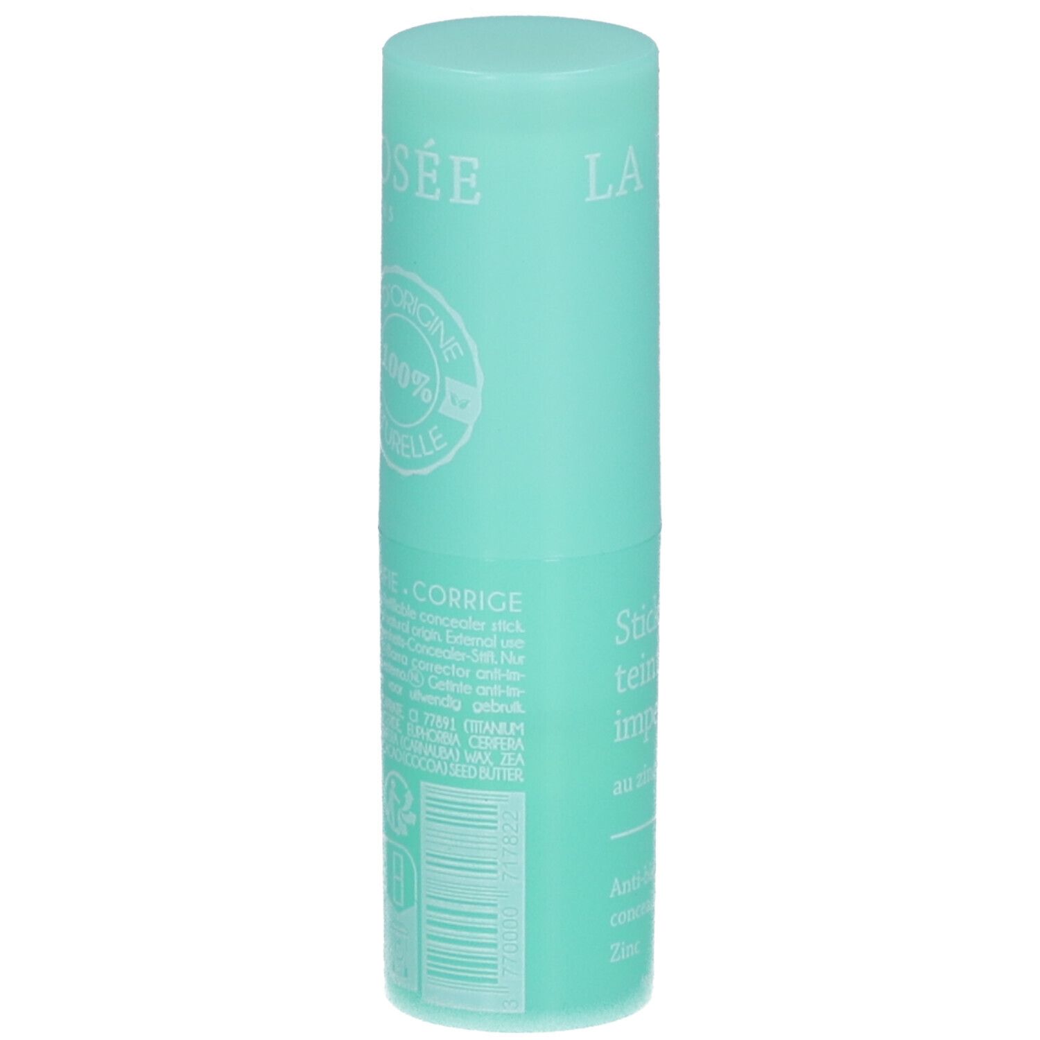 Bâton turquoise avec textes blancs. Inscription: La Rosée, D'origine 100% naturelle. Texte en français.