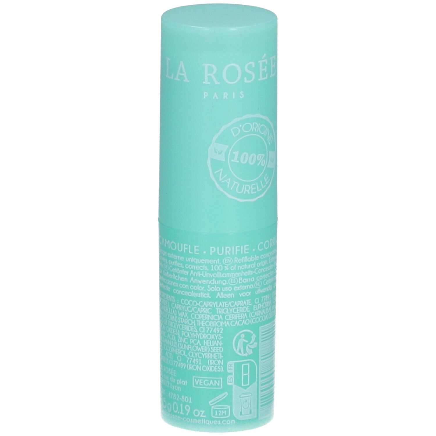 Bâton turquoise avec textes blancs. Inscription: La Rosée, D'origine 100% naturelle. Texte en français.