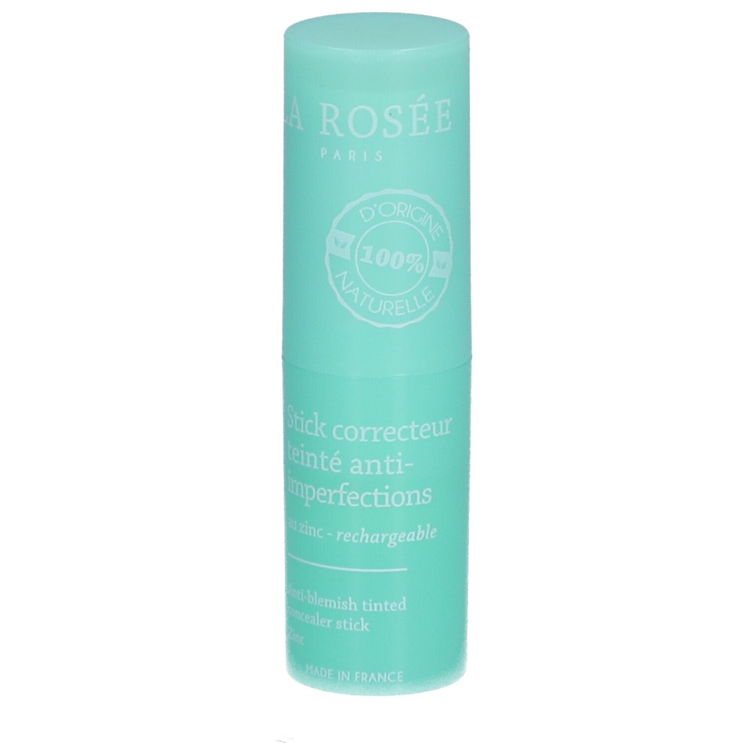 Bâton turquoise avec texte blanc. Inscription: La Rosée, Stick correcteur teinté anti-imperfections, au zinc.