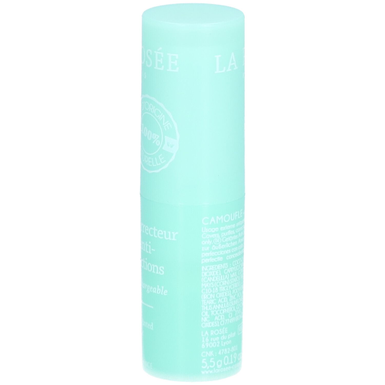 Bâton turquoise avec textes blancs. Inscription: La Rosée, D'origine 100% naturelle. Texte en français.