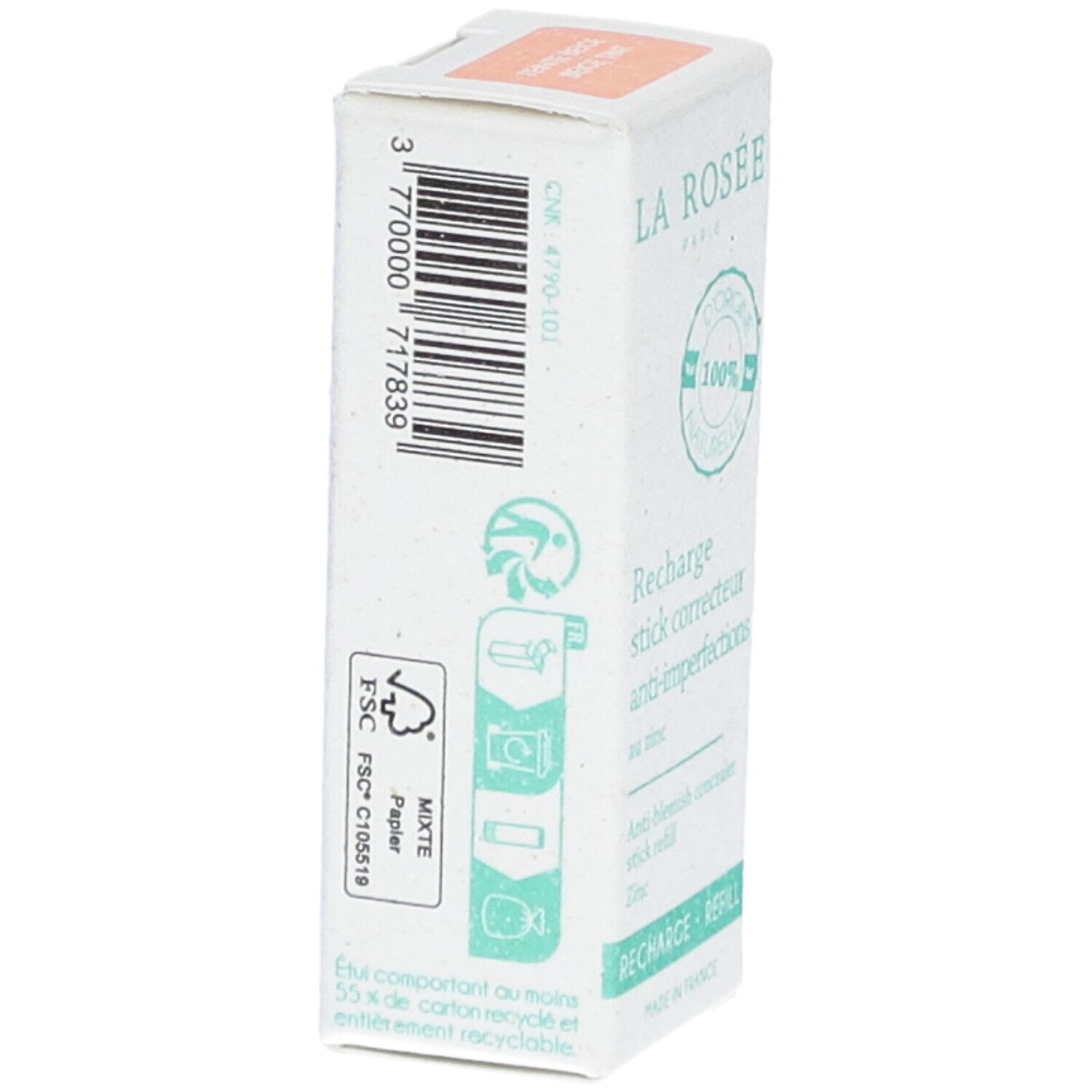 Emballage blanc pour recharge stick correcteur. Code-barres, logo La Rosée, texte. Logo FSC pour papier. Symbole de recyclage.