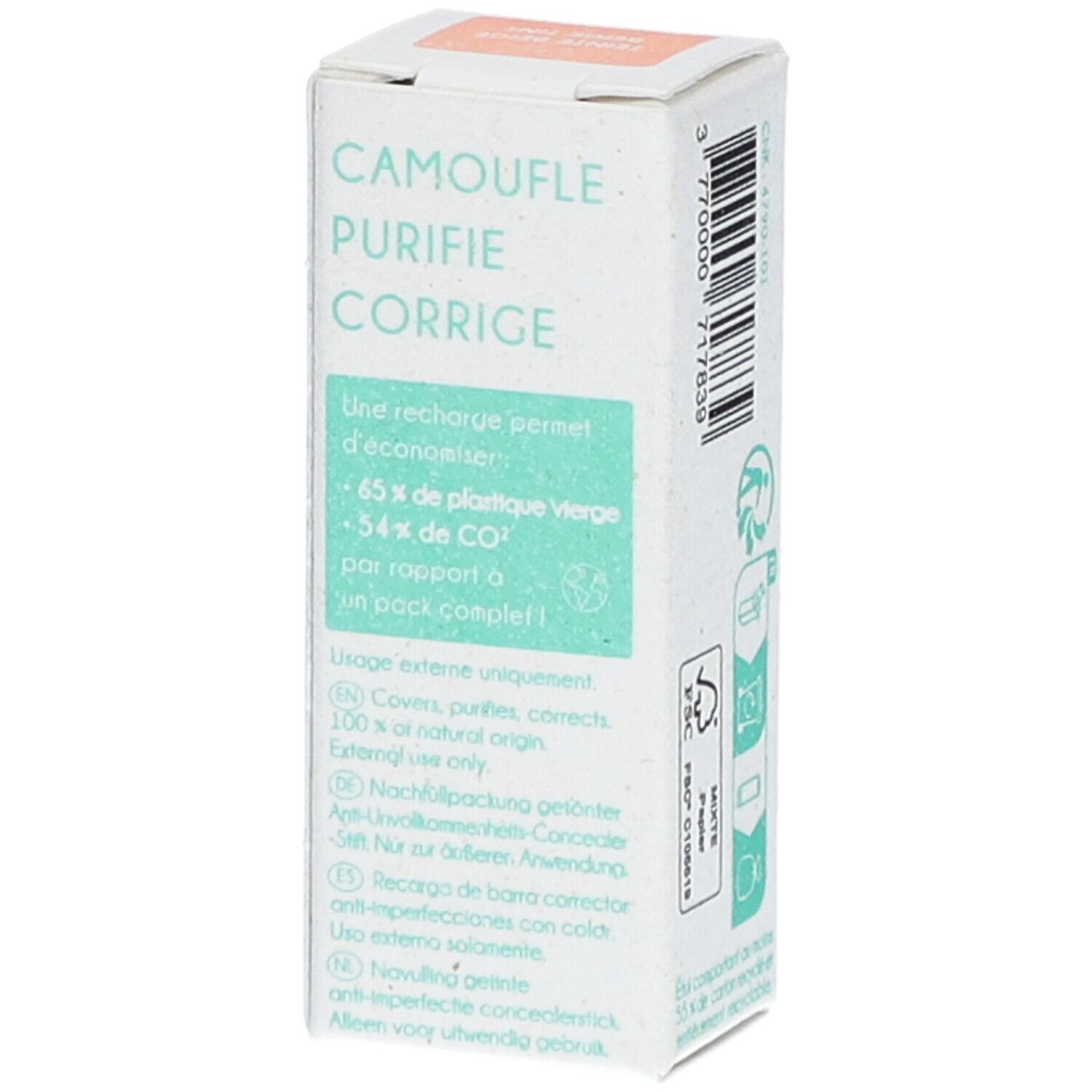 Emballage pour recharge stick correcteur. Texte: Camoufle, Purifie, Corrige. Informations sur la réduction du plastique et du CO2.