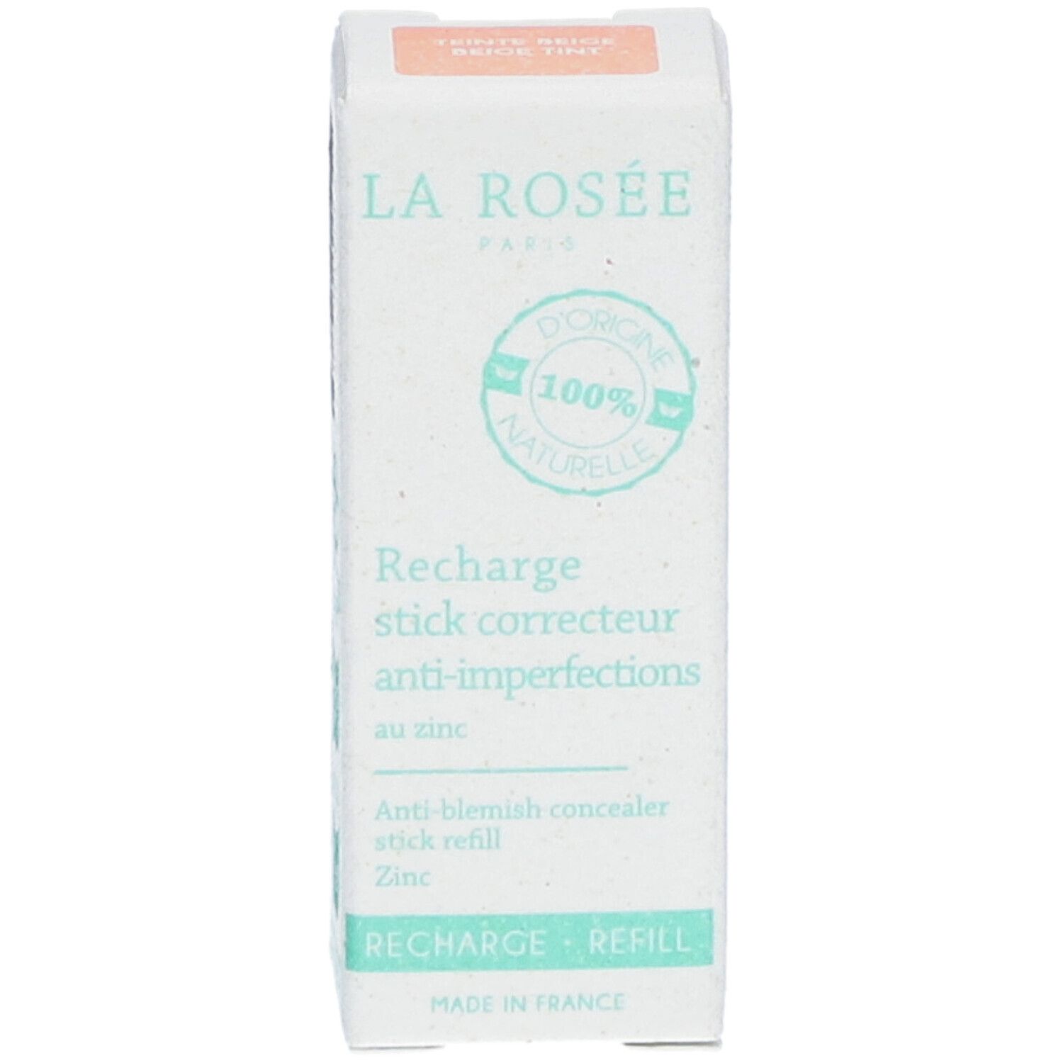Recharge stick correcteur anti-imperfections La Rosée. Emballage blanc avec texte et logo. Recharge - refill.
