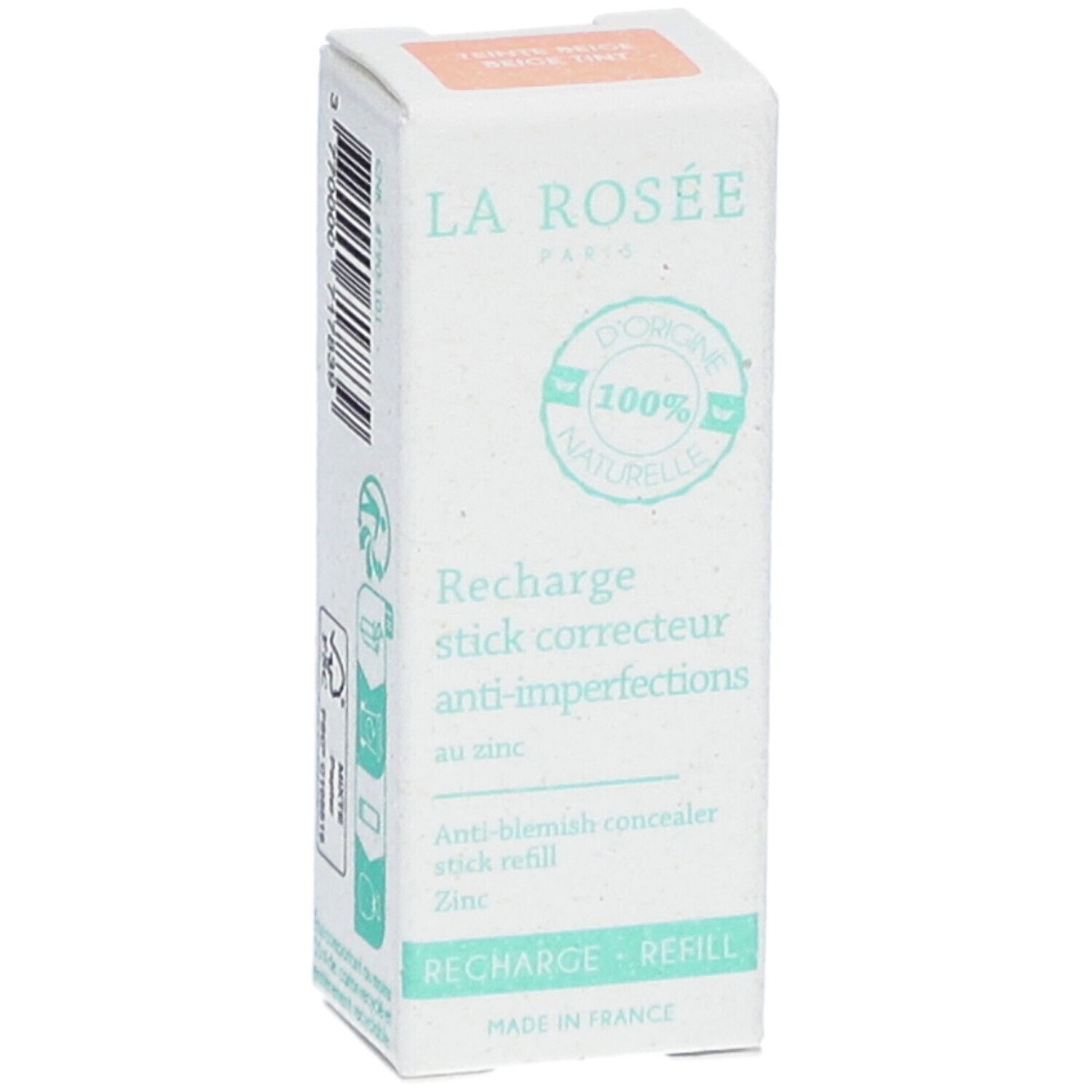 Recharge stick correcteur anti-imperfections La Rosée. Emballage blanc avec texte et logo. Recharge - refill.