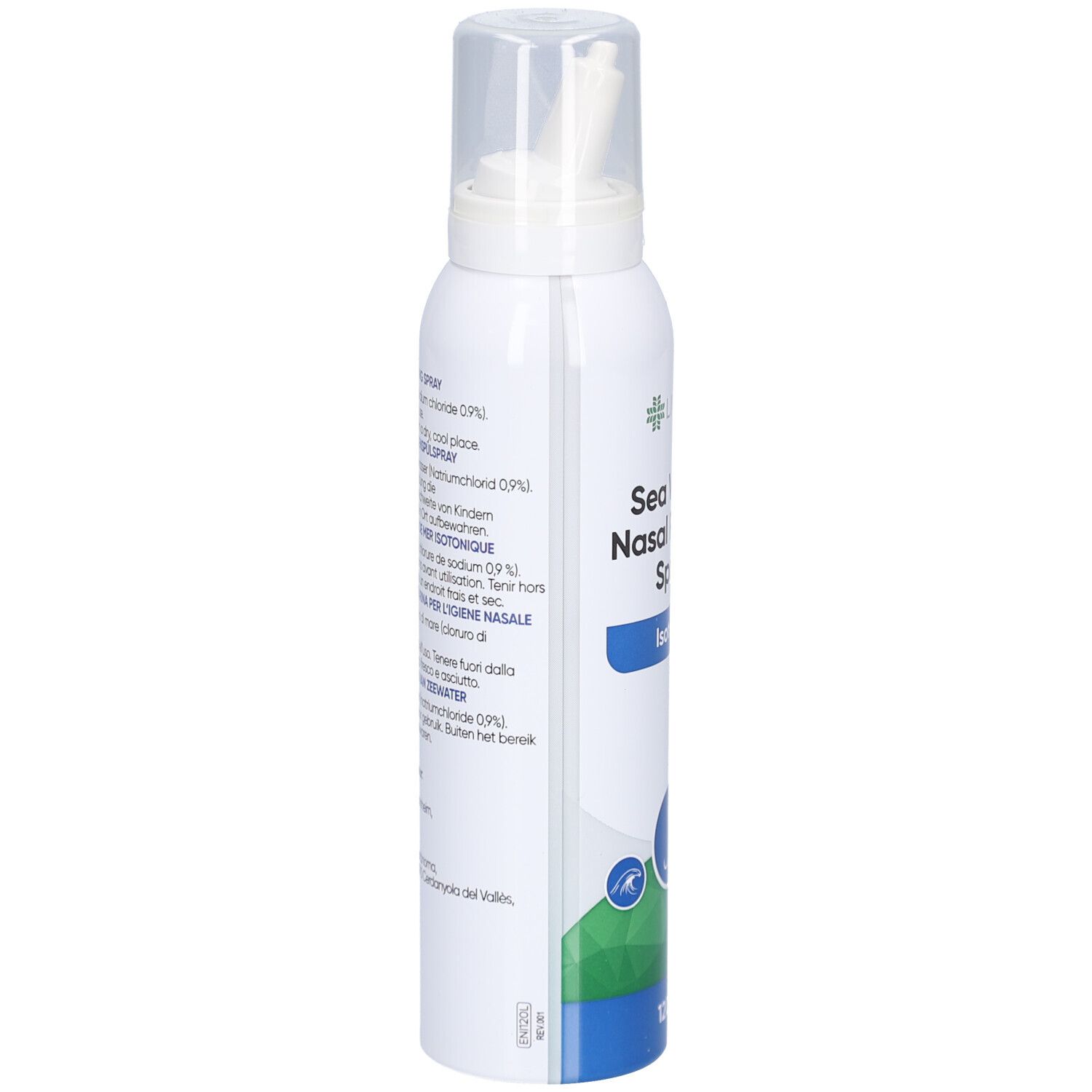 Weißes Nasenspray mit Text. Aufschrift: Sea Water Nasal Rinsing Spray, Isotonic. Mehrsprachige Informationen.