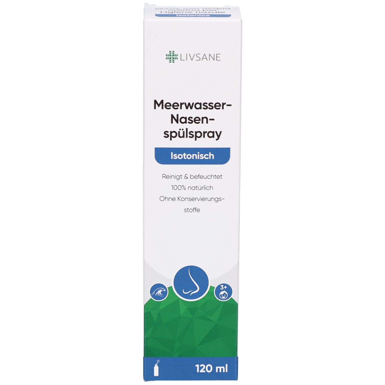 Verpackung für LIVSANE-Nasenspray. Aufschrift: Meerwasser-Nasenspülspray, Isotonisch. 120 ml.