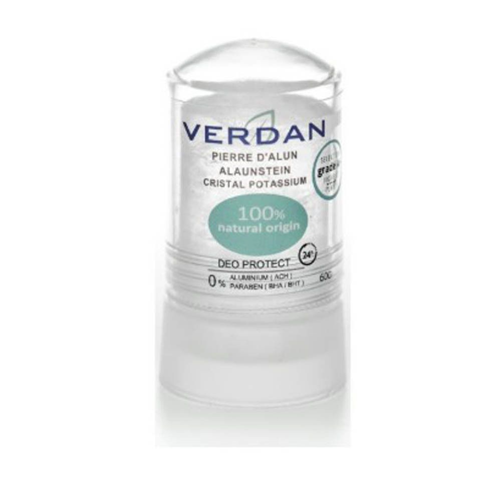 Deodorant-Stick mit transparentem Deckel. Aufschrift: VERDAN, Pierre d'Alun, 100% natürlichen Ursprungs, Deo Protect.