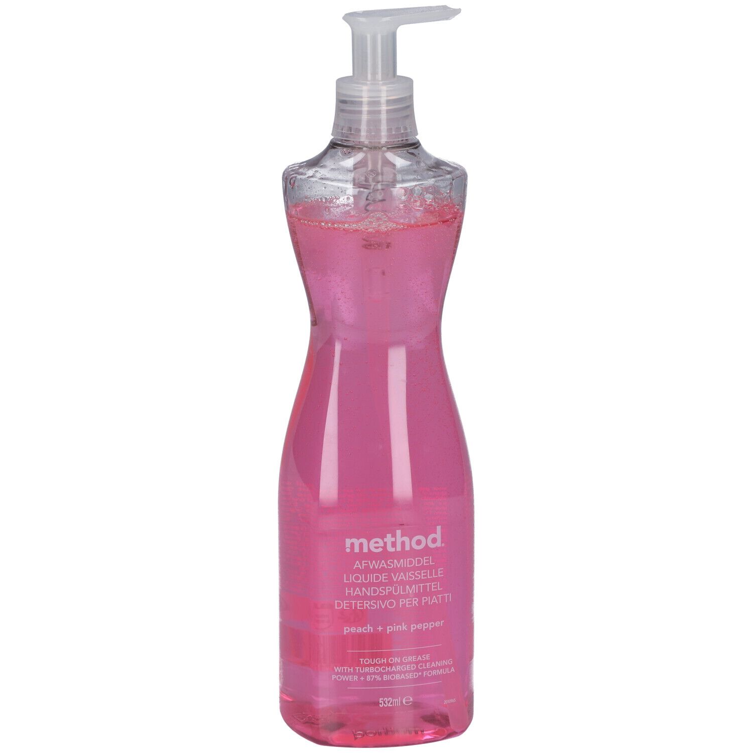 Flasche Handspülmittel, rosa Flüssigkeit, durchsichtiger Spender. Aufschrift: method, Peach + Pink Pepper.