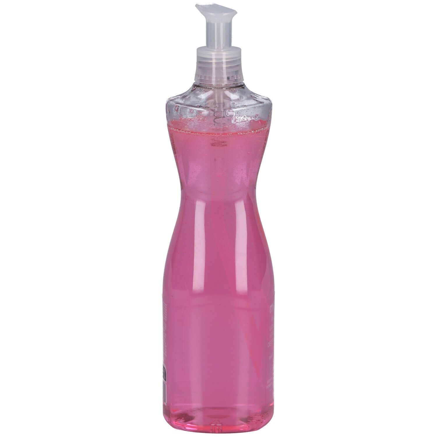 Flasche Handspülmittel, rosa Flüssigkeit, durchsichtiger Spender.