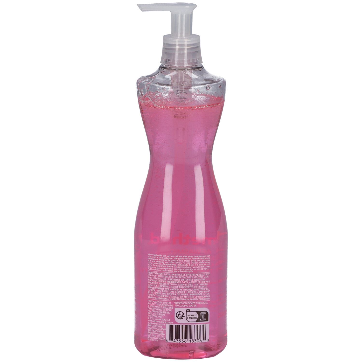 Rückseite der Handspülmittelflasche. Rosa Flüssigkeit, durchsichtiger Spender. Text und Barcode.