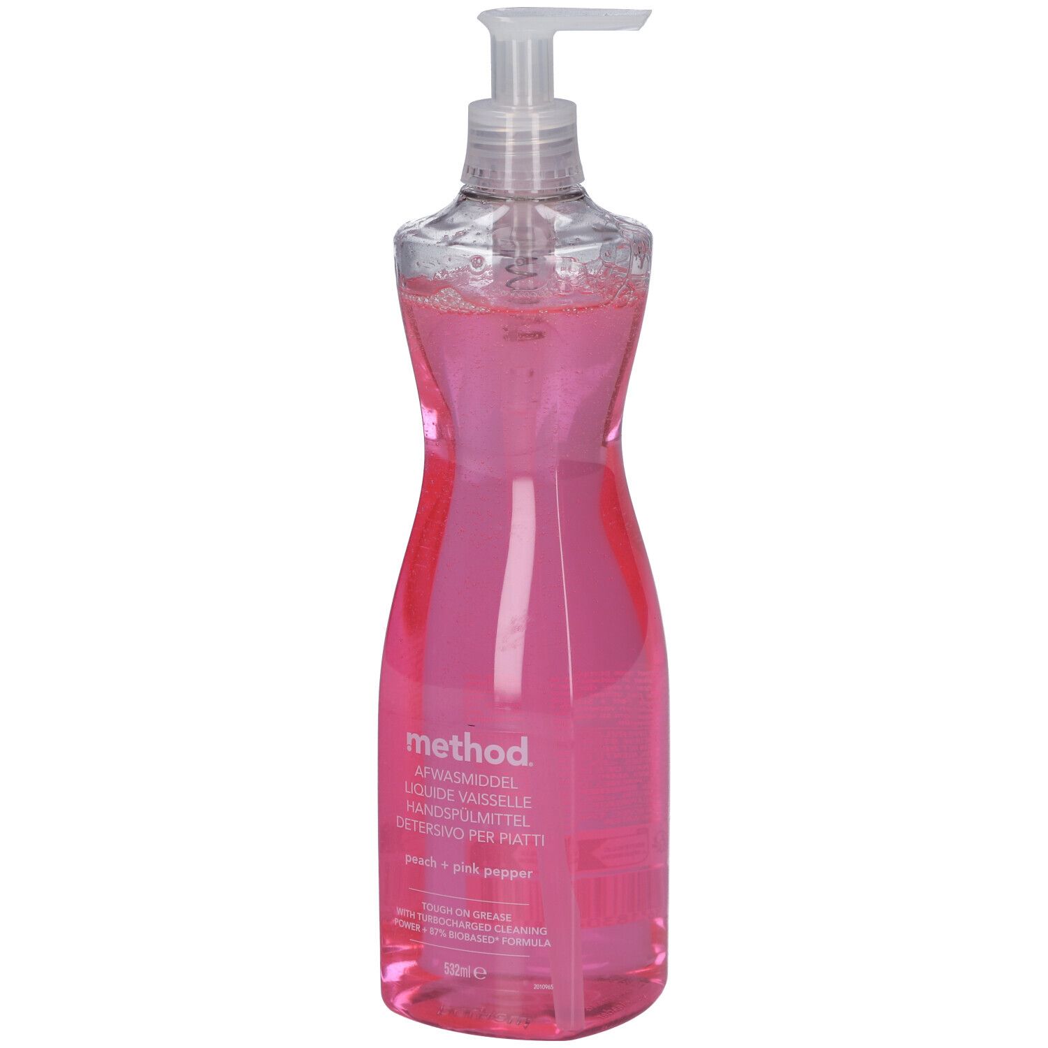 Flasche Handspülmittel, rosa Flüssigkeit, durchsichtiger Spender. Aufschrift: method, Peach + Pink Pepper.