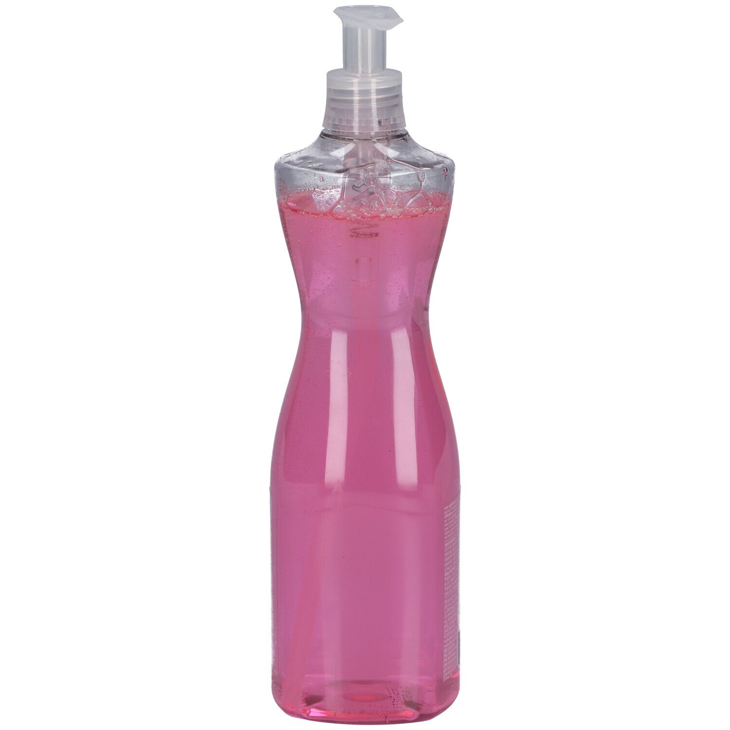 Flasche Handspülmittel, rosa Flüssigkeit, durchsichtiger Spender.
