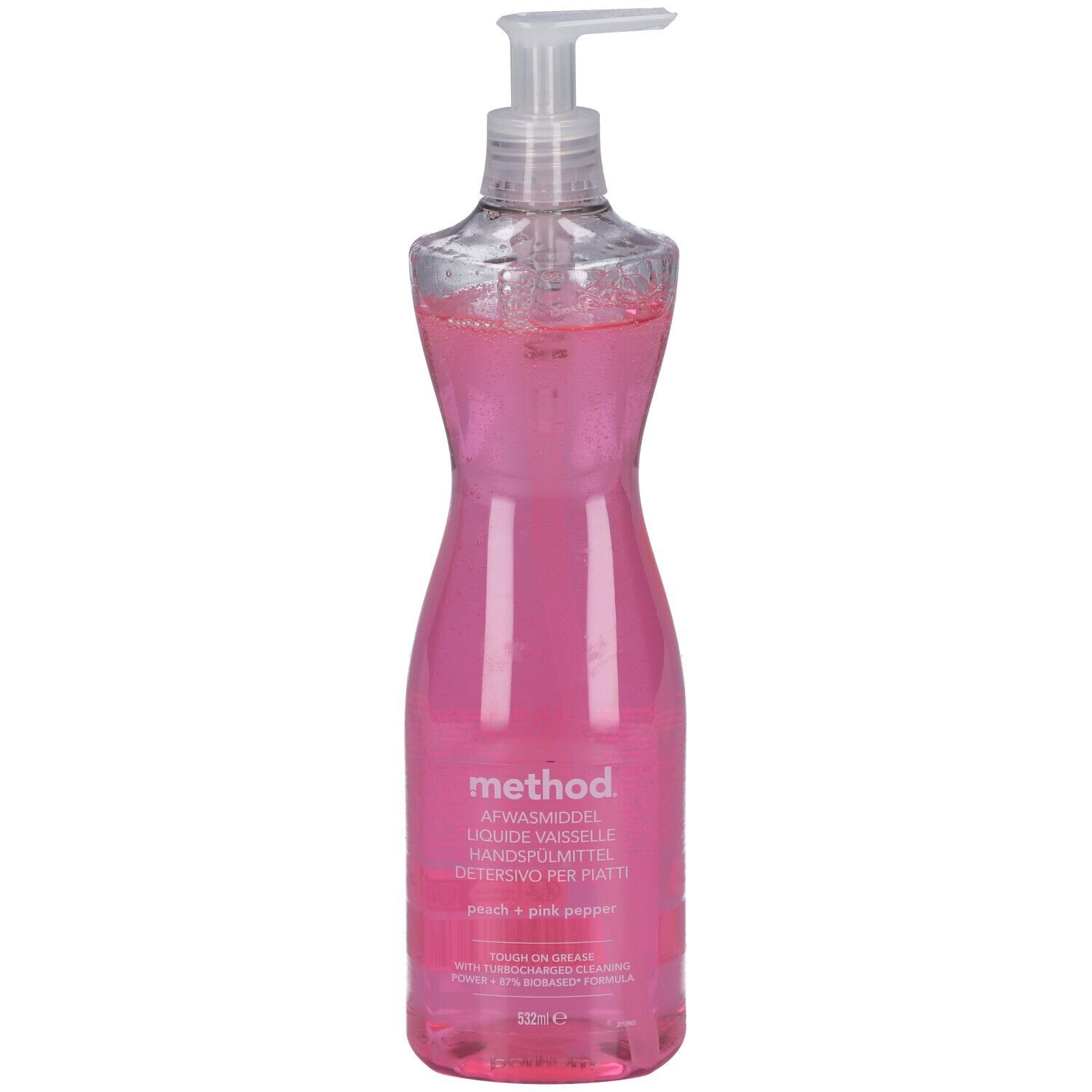 Flasche Handspülmittel, rosa Flüssigkeit, durchsichtiger Spender. Aufschrift: method, Peach + Pink Pepper.