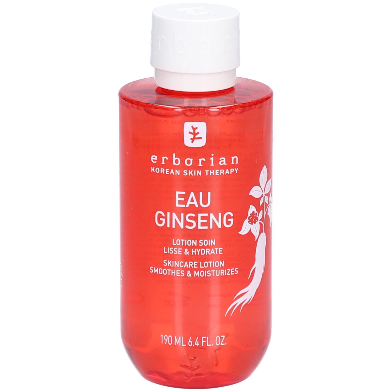 Flacon rouge avec bouchon blanc. Inscription: Eau Ginseng, soin coréen de la peau. 190 ml.