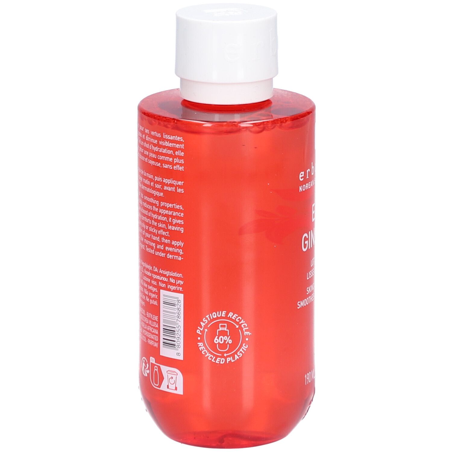Flacon rouge avec bouchon blanc. Inscription: 40% plastique recyclé. Texte et code-barres.