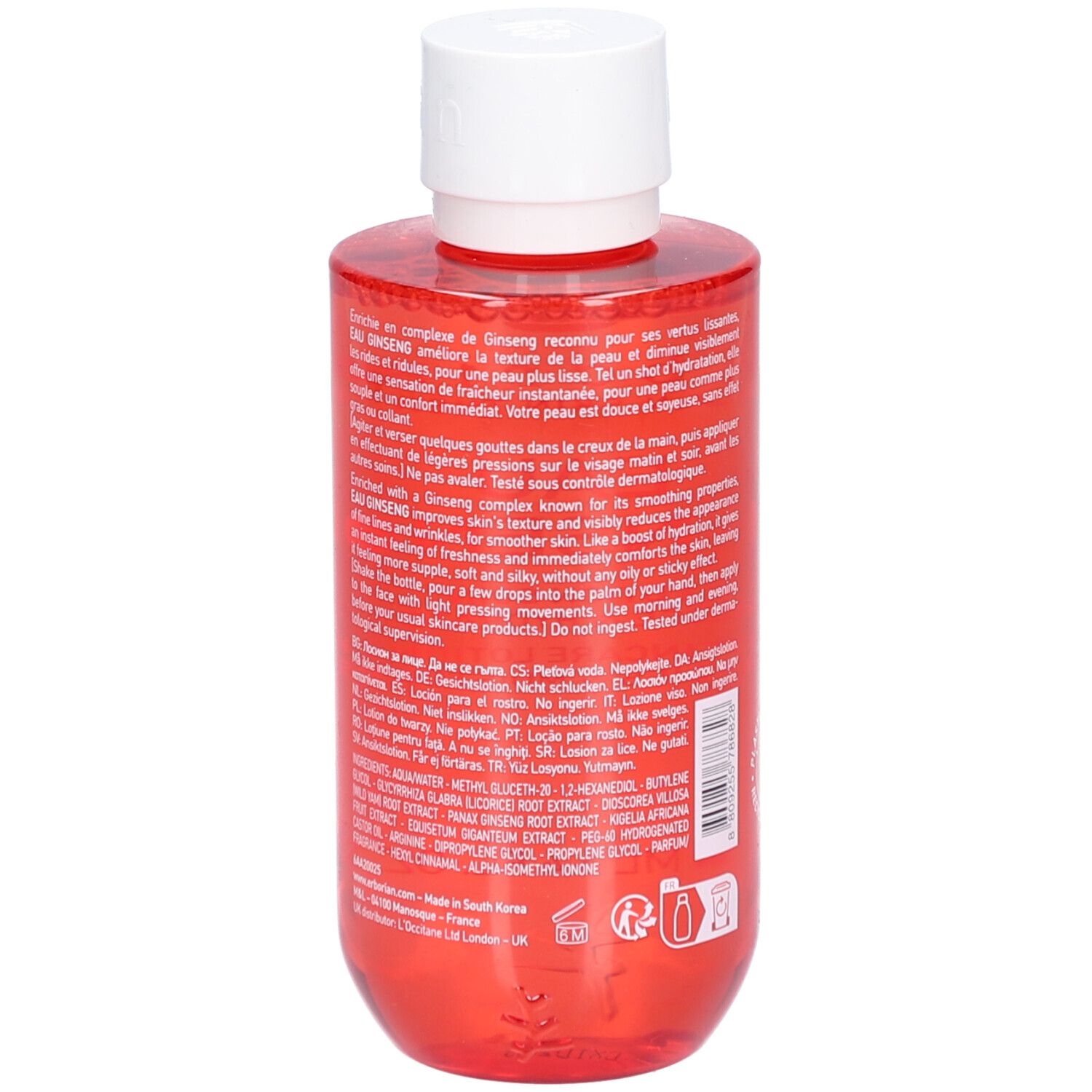 Flacon rouge avec bouchon blanc. Texte en français, ingrédients et mode d'emploi.