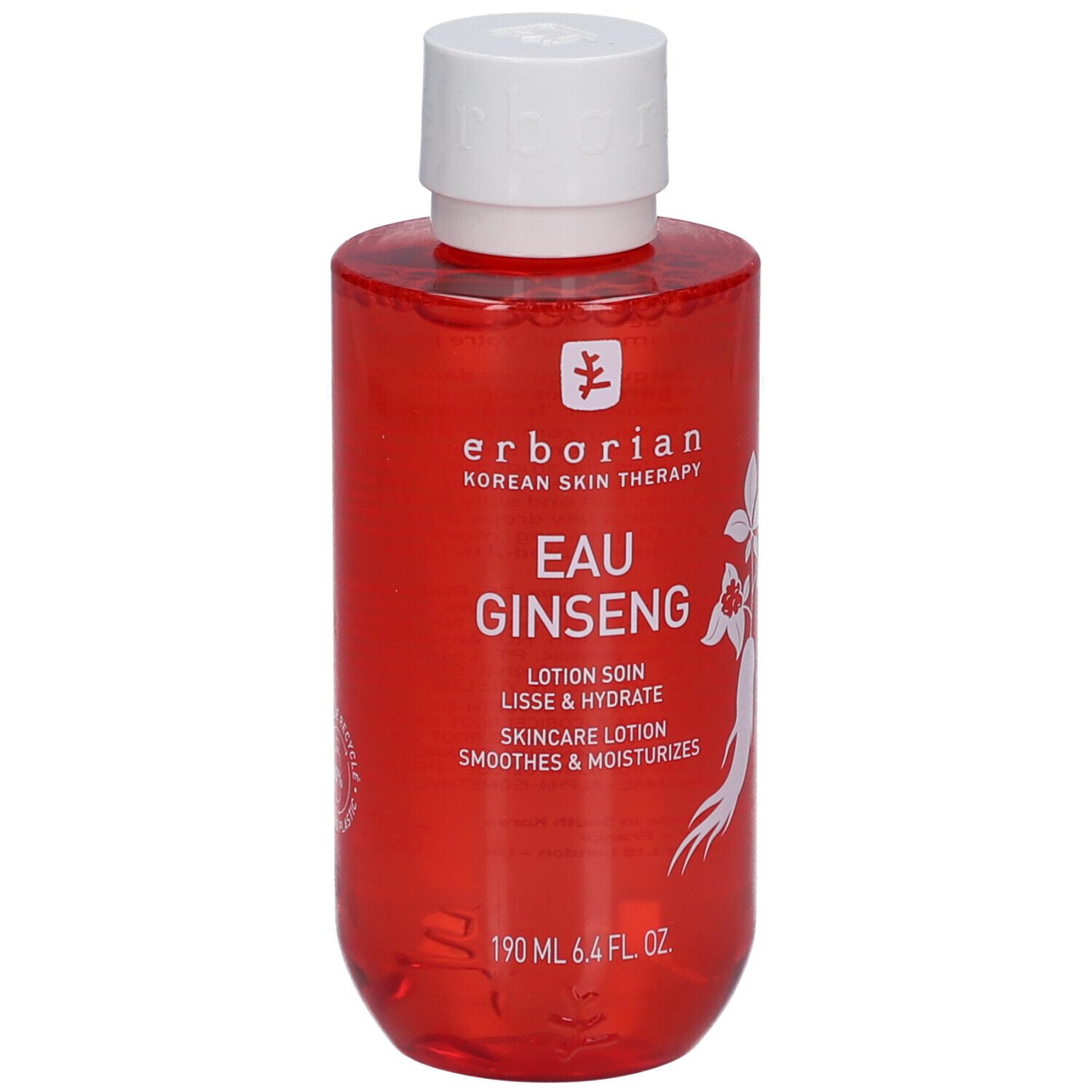 Flacon rouge avec bouchon blanc. Inscription: Eau Ginseng, soin coréen de la peau. 190 ml.