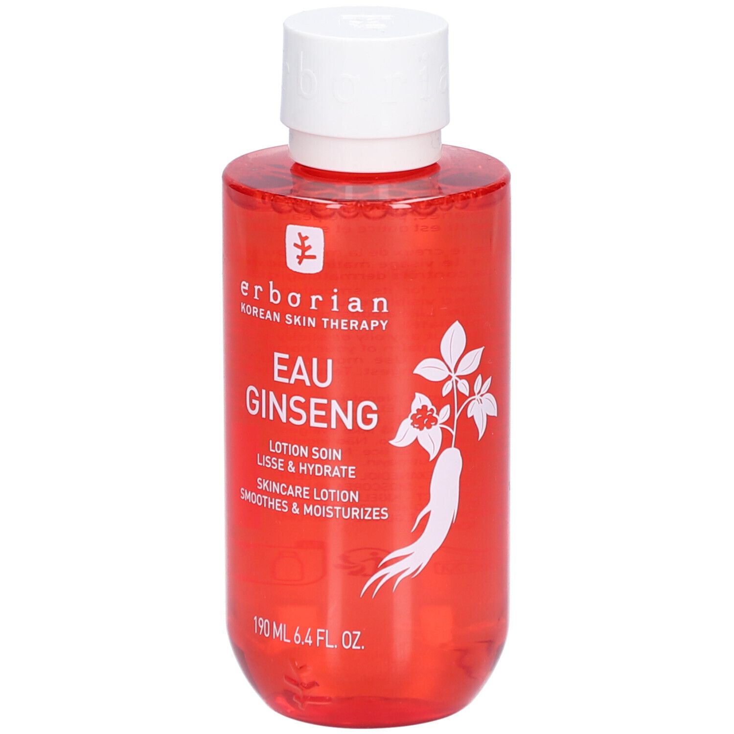 Flacon rouge avec bouchon blanc. Inscription: Eau Ginseng, soin coréen de la peau. 190 ml.