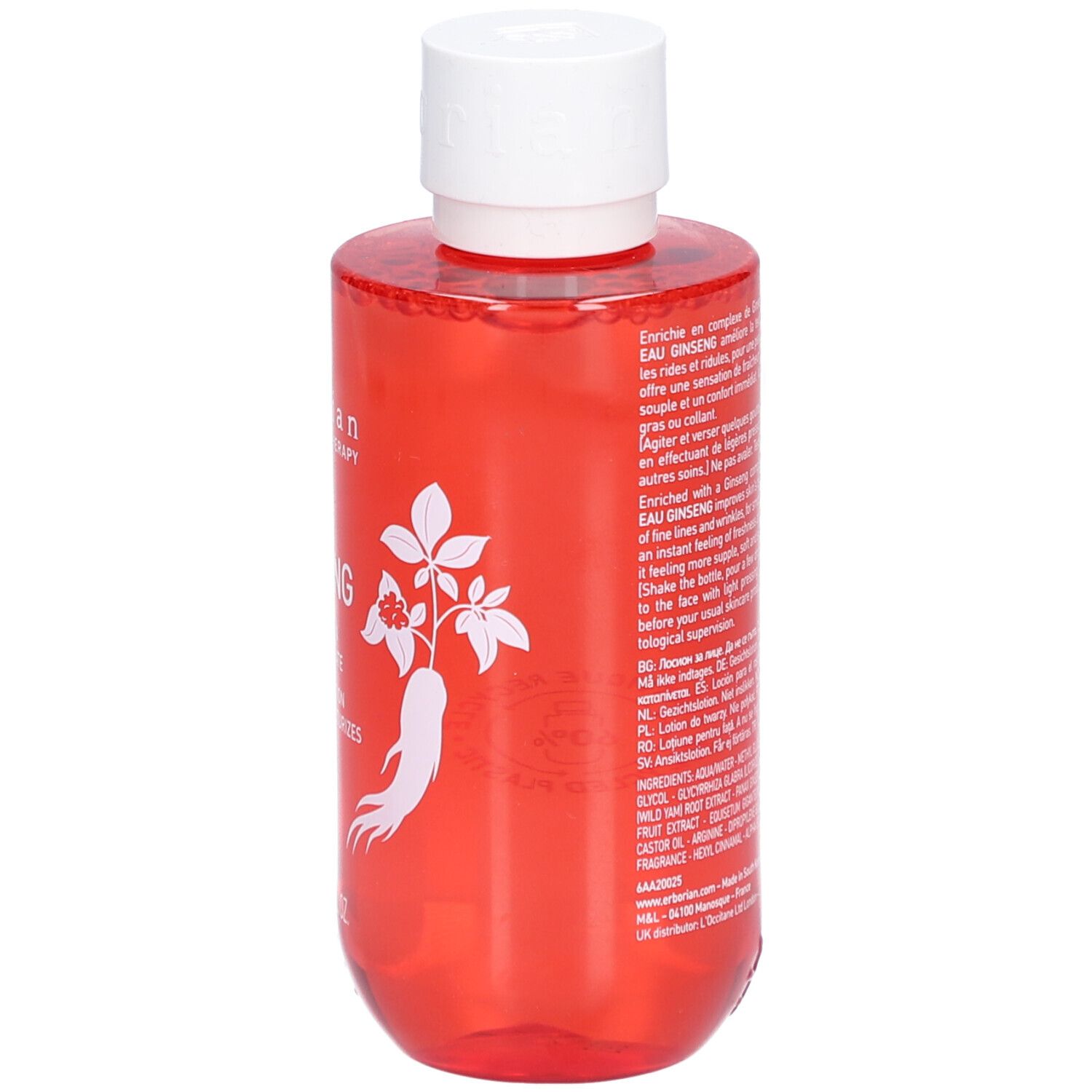 Flacon rouge avec bouchon blanc. Inscription: Eau Ginseng, soin coréen de la peau. Texte et illustration.