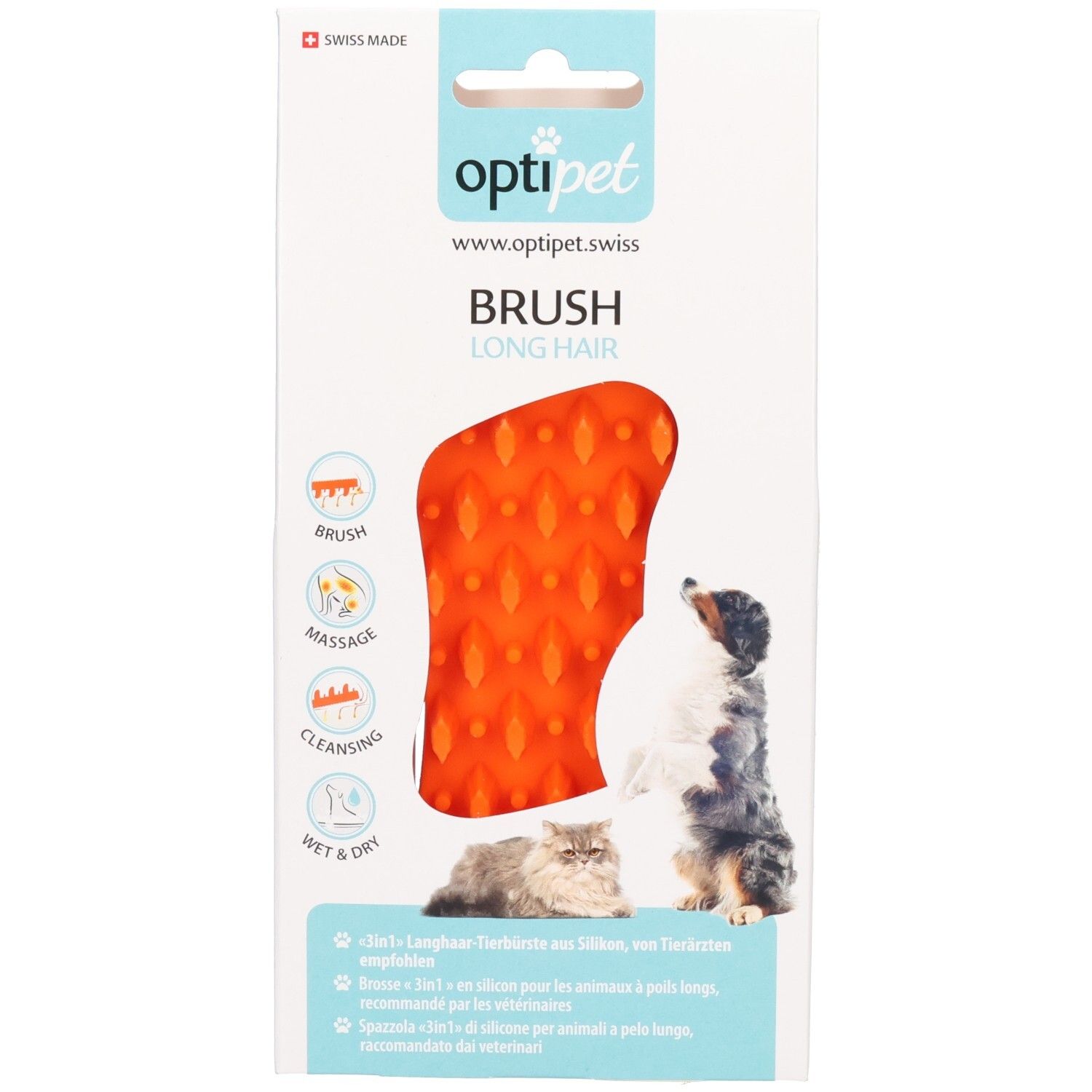 OptiPet Tierbürste für Langhaartiere, orange, Silikon. Mit Bürsten-, Massage- und Reinigungsfunktion.