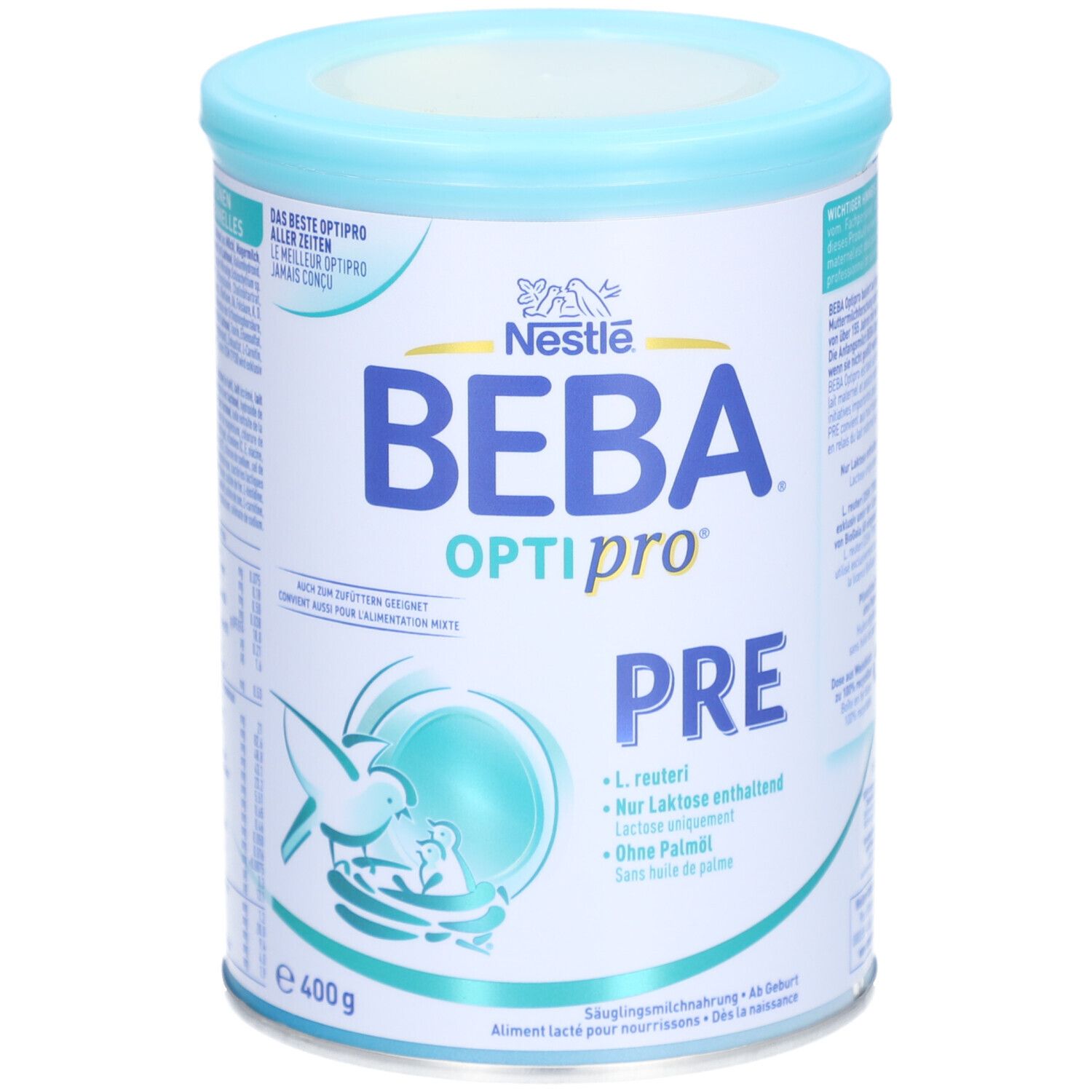 Baby-Nahrung in Dose. Marke BEBA Optipro Pre. Hellblauer Deckel, weiße Dose mit Text und Logo. 400g.