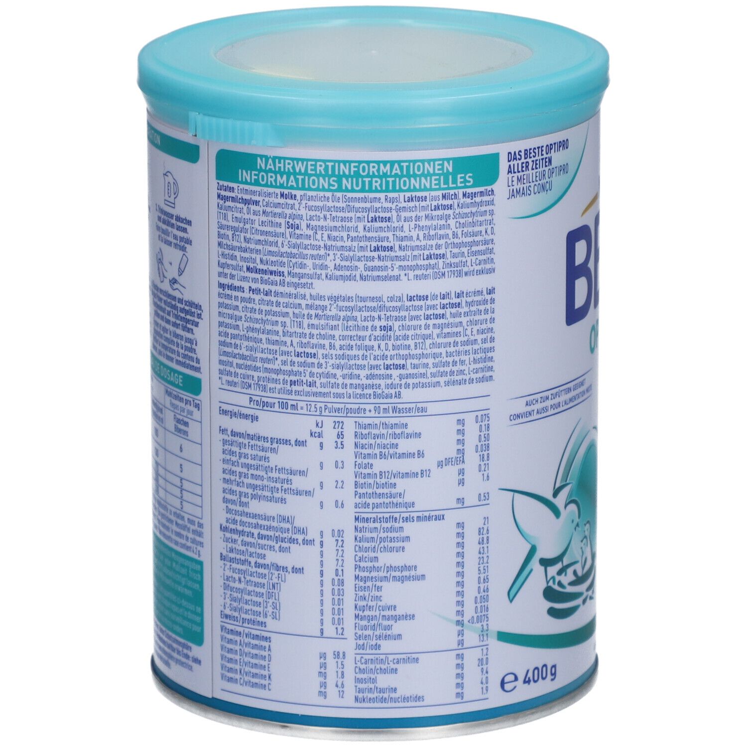 Rückseite der Baby-Nahrung Dose. Nährwertinformationen, Text, Diagramme. 400g. Hellblauer Deckel.