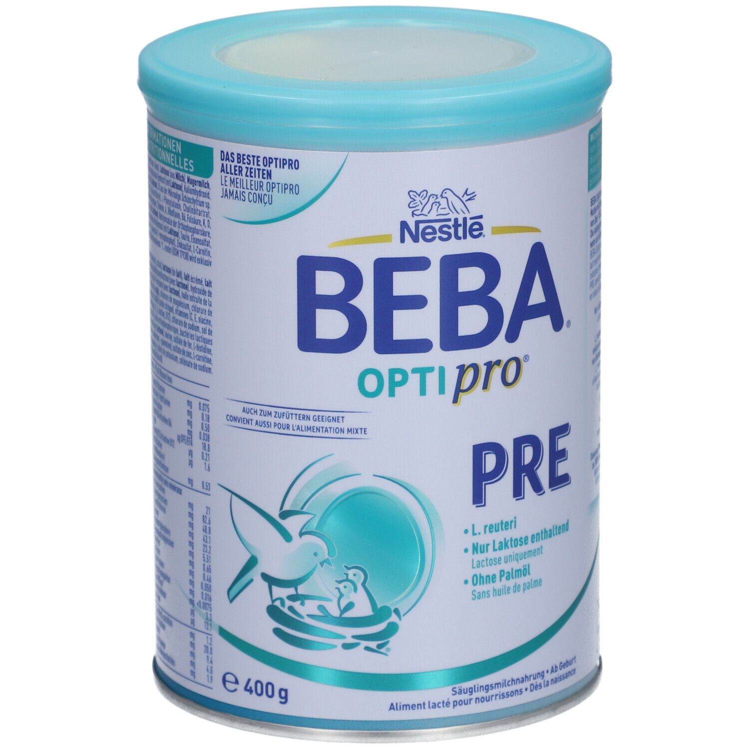 Baby-Nahrung Dose. Marke BEBA Optipro Pre. Hellblauer Deckel, weiße Dose mit Text und Logo. 400g.