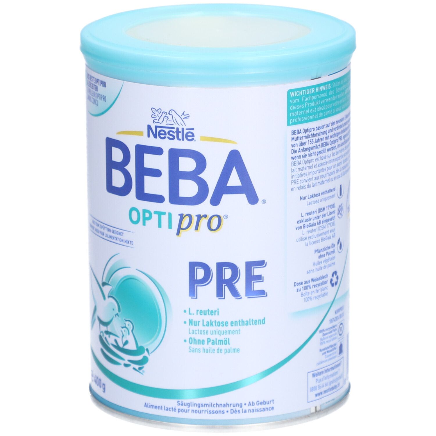 Baby-Nahrung Dose. Marke BEBA Optipro Pre. Hellblauer Deckel, weiße Dose mit Text und Logo. 400g.