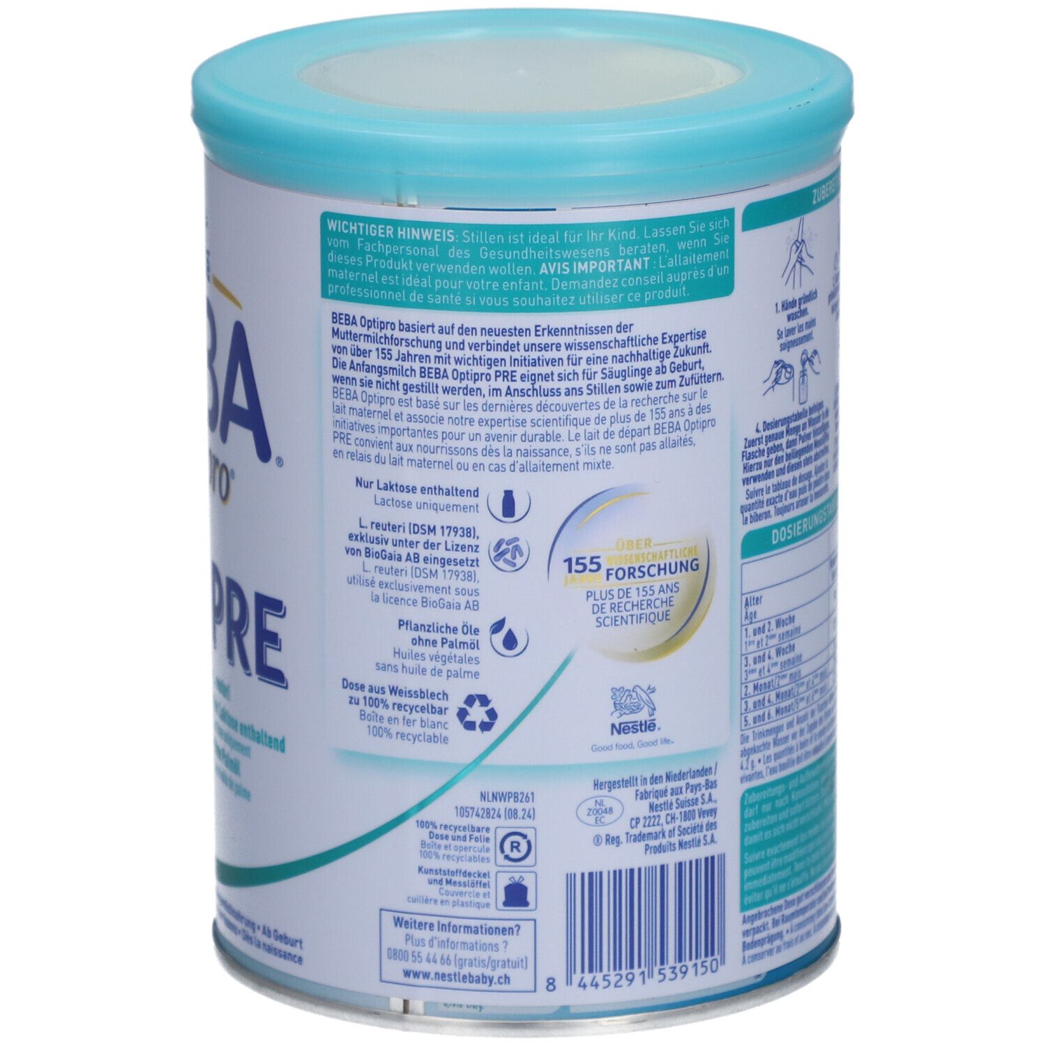 Rückseite der Dose mit Text, Logo, Recycling-Symbolen. Hellblauer Deckel. Marke BEBA Optipro Pre.