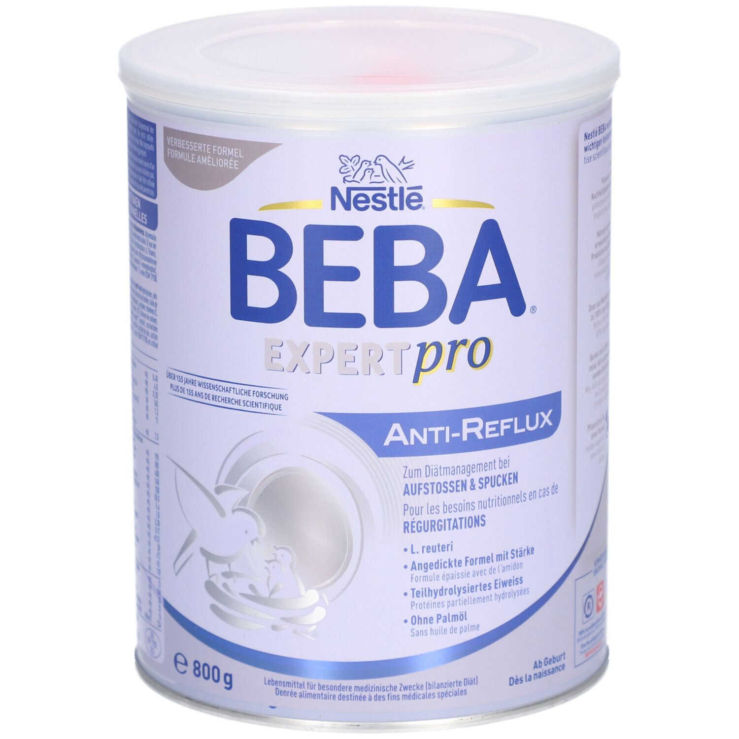 Weiß-blaue Dose mit Deckel. Aufschrift: BEBA EXPERT pro Anti-Reflux. Logo: Nestlé. Inhalt: 800g.