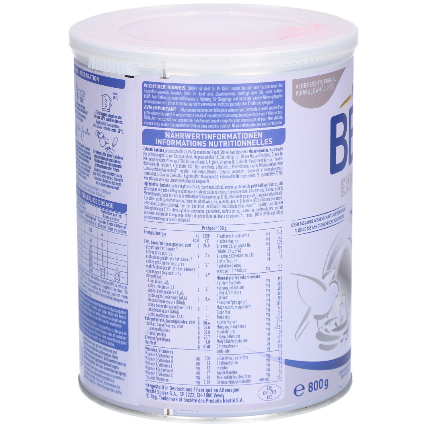 Rückseite der Dose mit Nährwertinformationen. Text in Deutsch, Französisch und Italienisch. Inhalt: 800g.
