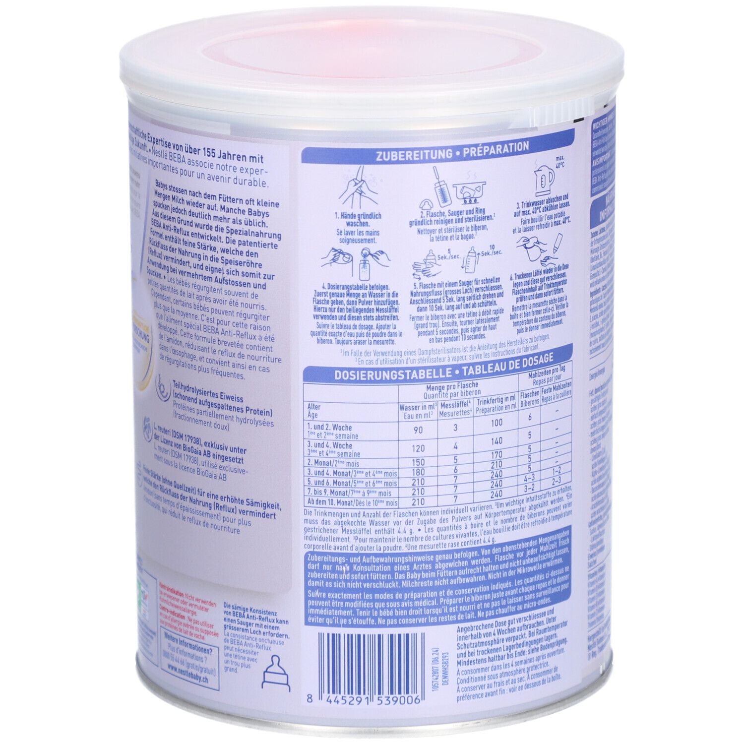 Rückseite der Dose mit Zubereitungsanleitung und Dosierungstabelle. Text in mehreren Sprachen. Inhalt: 800g.