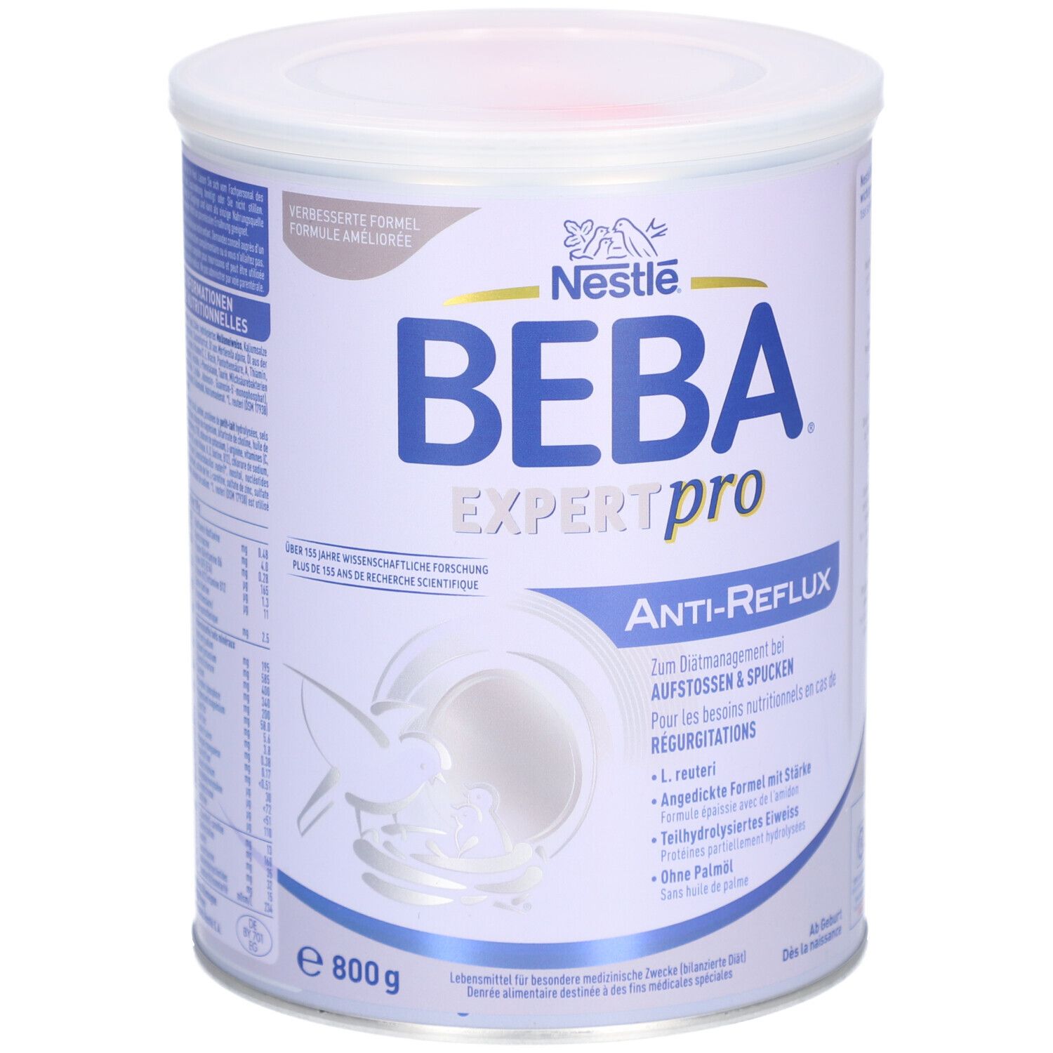 Weiß-blaue Dose mit Deckel. Aufschrift: BEBA EXPERT pro Anti-Reflux. Logo: Nestlé. Inhalt: 800g.