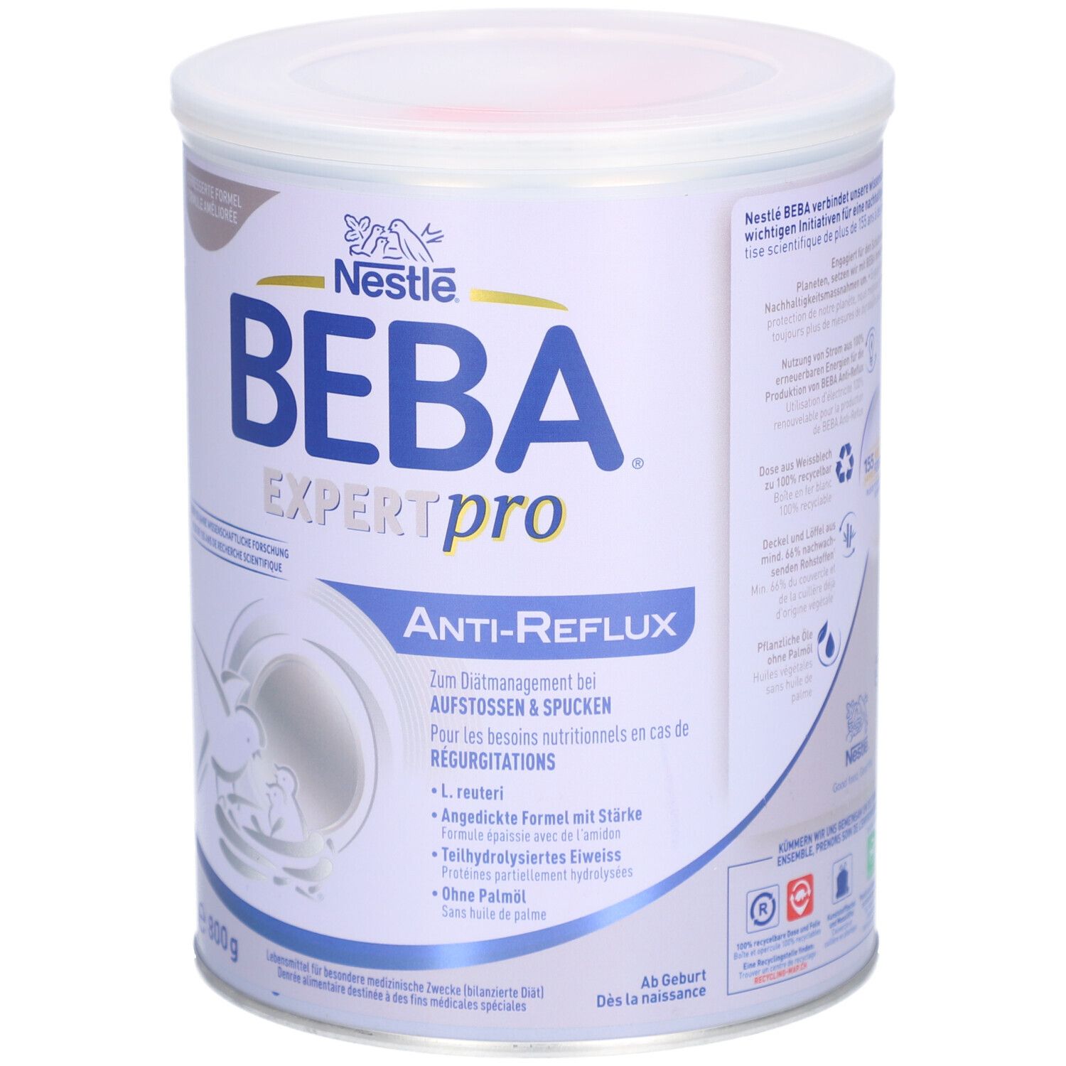 Weiß-blaue Dose mit Deckel. Aufschrift: BEBA EXPERT pro Anti-Refux. Logo: Nestlé. Inhalt: 800g. Ab Geburt.