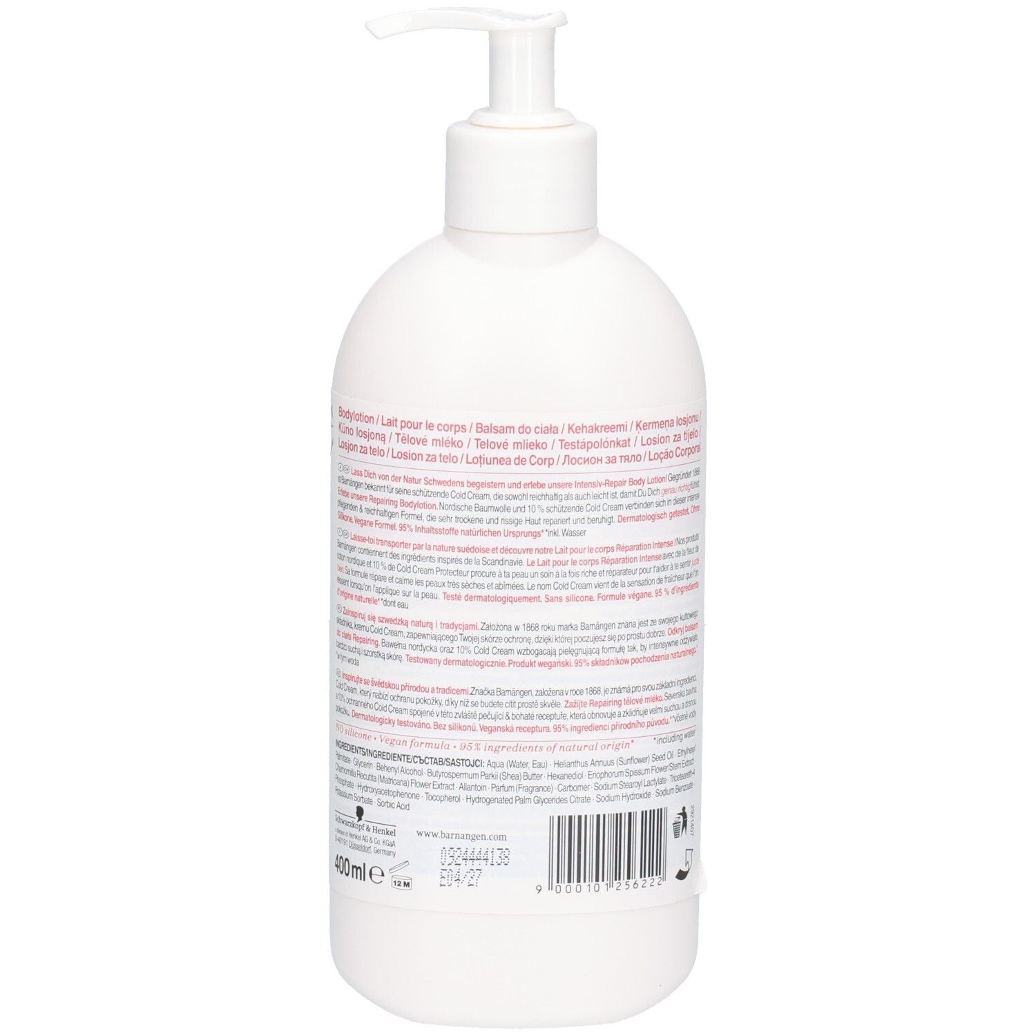 Dos du flacon blanc avec pompe. Texte multilingue. 400ml.