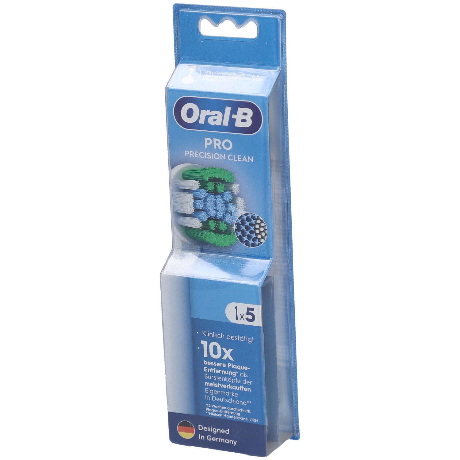 Oral-B Pro Precision Clean Zahnbürstenköpfe. Verpackung mit 5 Stück. Blaue und grüne Borsten. Sichtbare Marke und Produktname.
