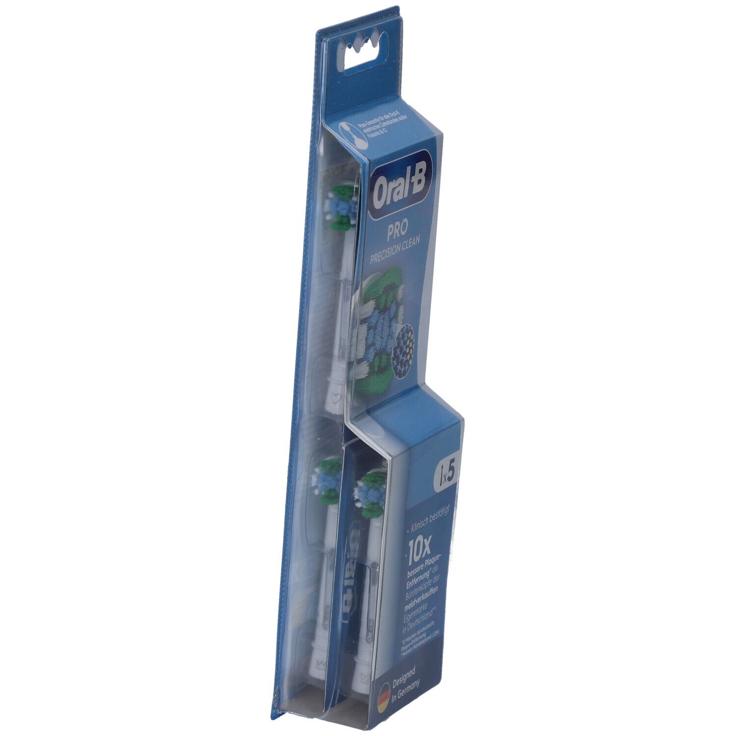 Oral-B Pro Precision Clean Zahnbürstenköpfe in Verpackung. 5 Stück. Blaue und grüne Borsten. Verpackung schräg.
