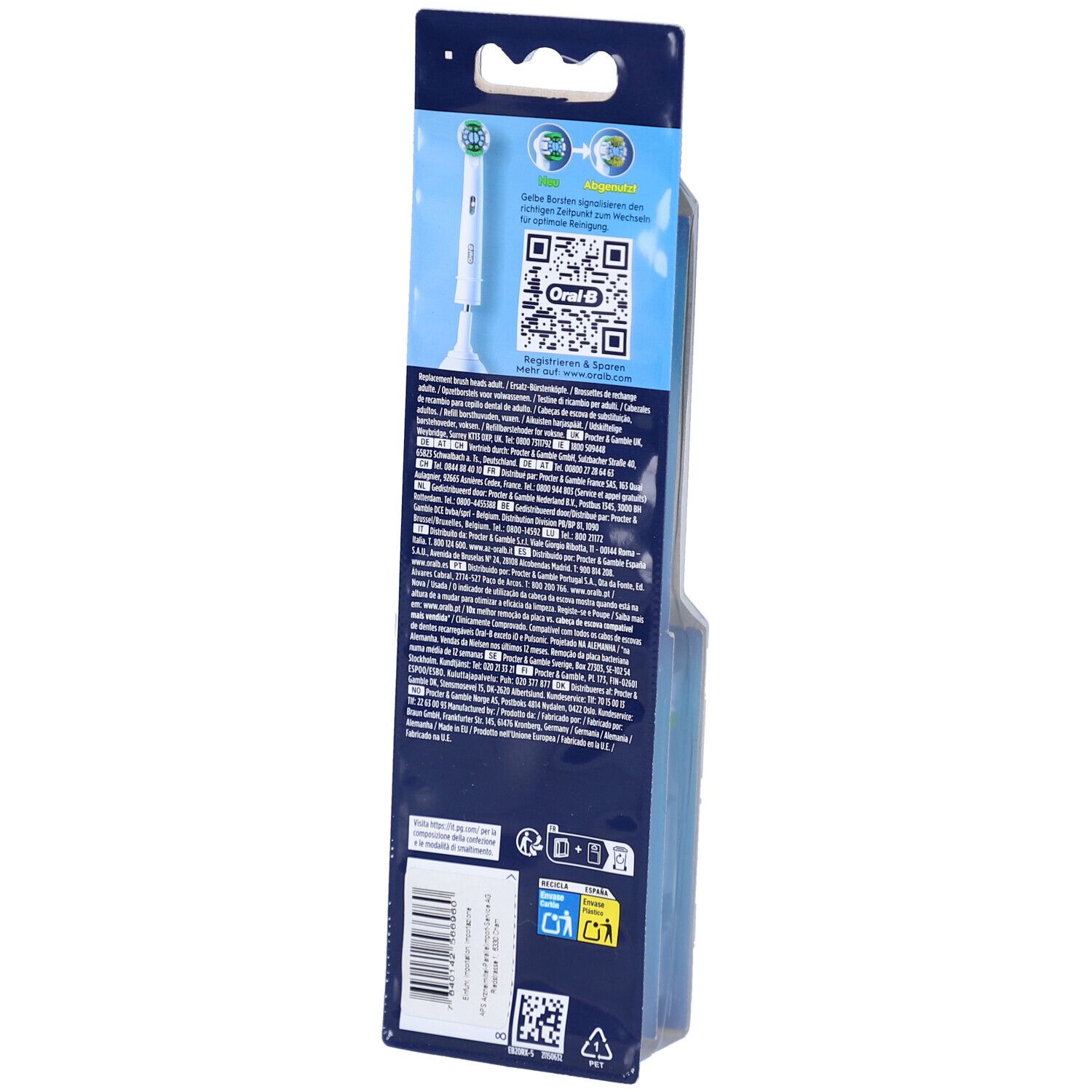 Rückseite der Verpackung von Oral-B Pro Precision Clean Zahnbürstenköpfen. Text und QR-Code. Produktabbildung.