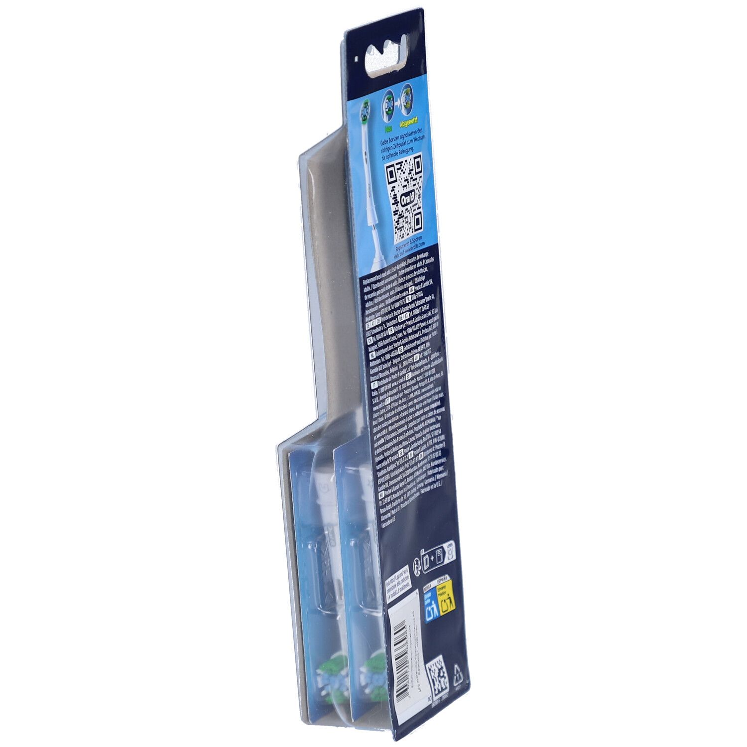 Verpackung von Oral-B Pro Precision Clean Zahnbürstenköpfen. Rückansicht. Text und QR-Code. Produktabbildung.