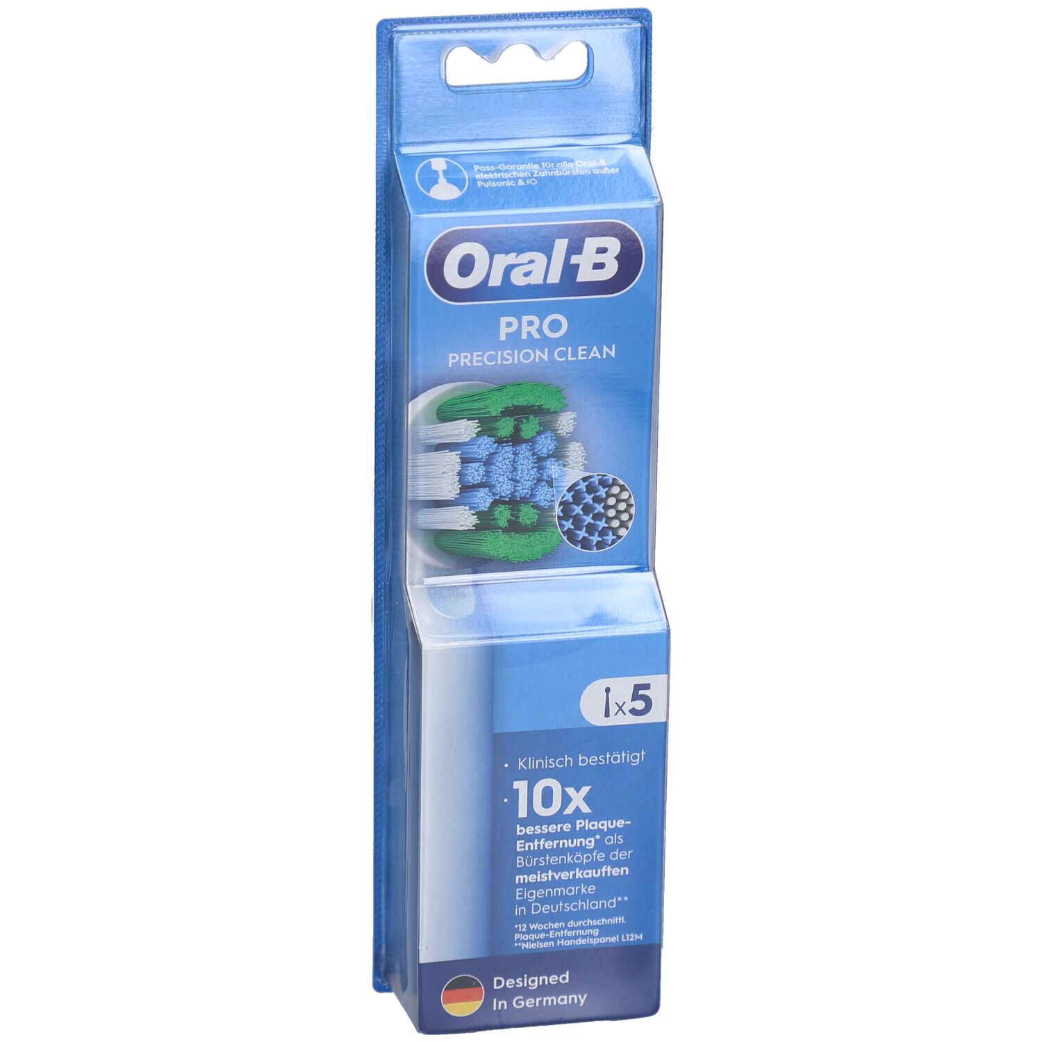 Oral-B Pro Precision Clean Zahnbürstenköpfe. Verpackung mit 5 Stück. Blaue und grüne Borsten. Sichtbare Marke und Produktname.