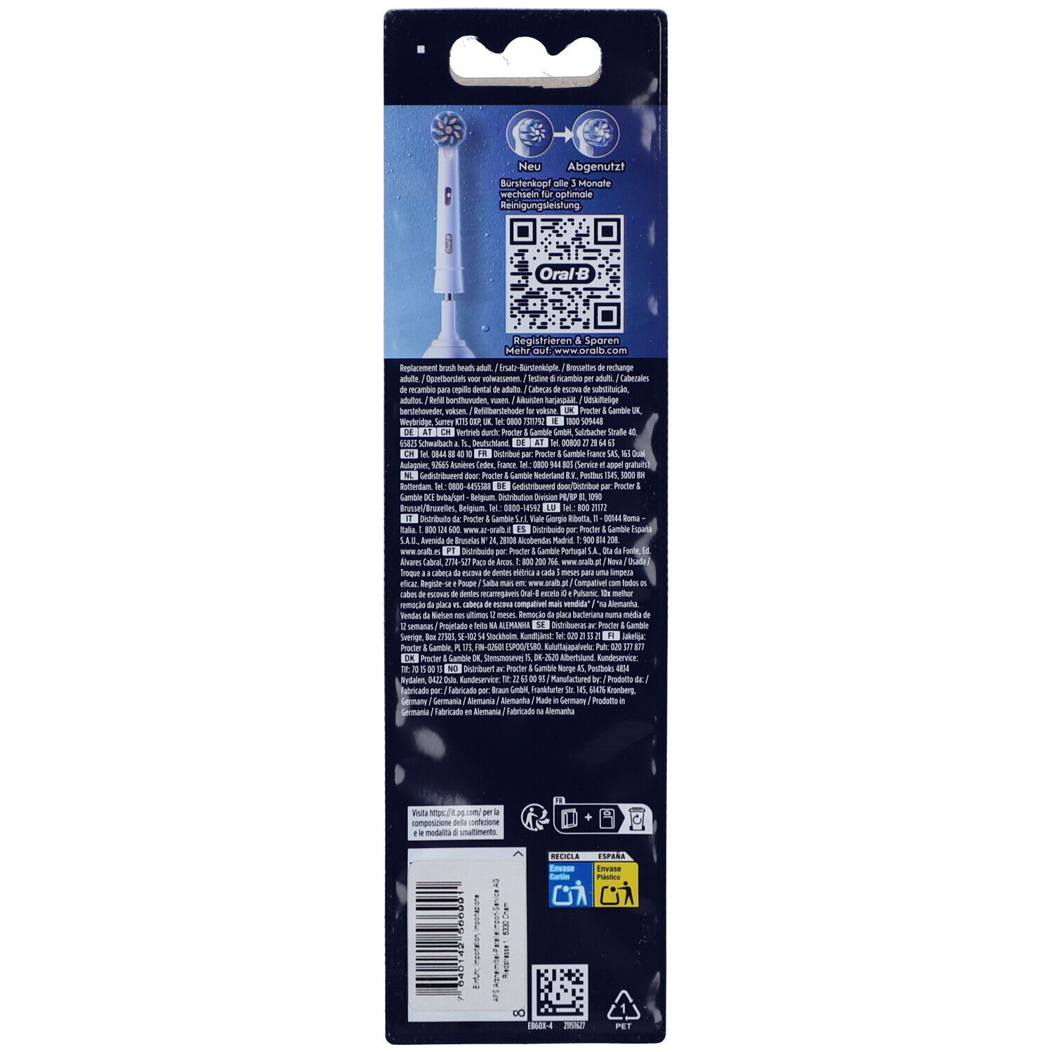 Rückseite der Verpackung mit Produktinformationen und QR-Code. Abgebildet: eine einzelne Aufsteckbürste.