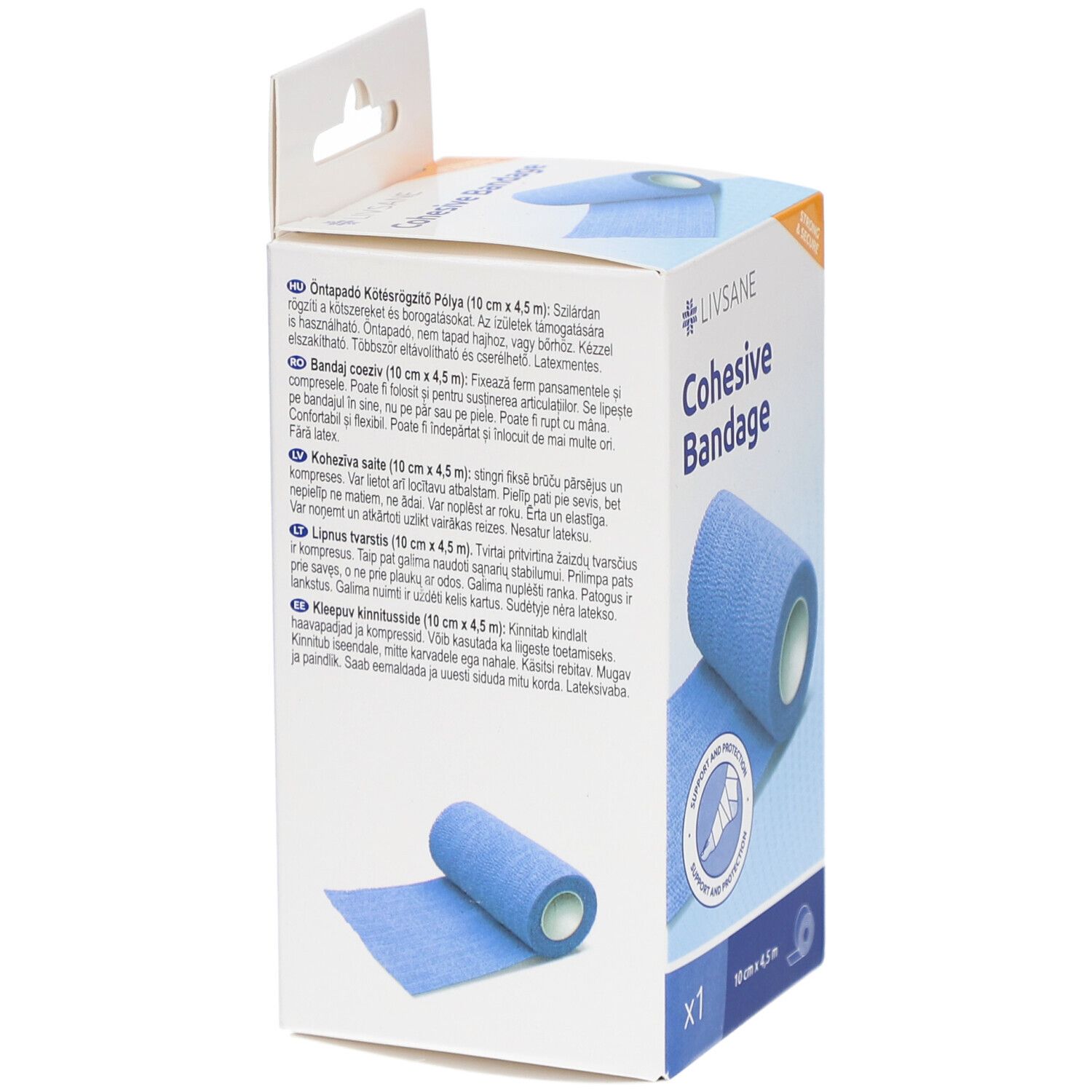 Verpackung der Fixierbinde. Aufschrift: LIVSANE Cohesive Bandage. Text in mehreren Sprachen. CE-Zeichen. Produktabbildung.