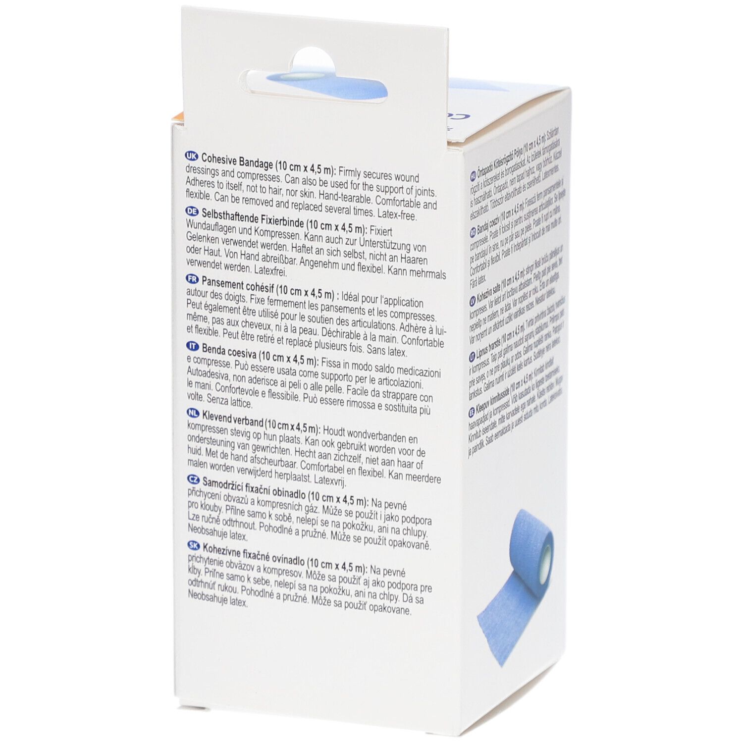 Rückseite der Fixierbinden-Verpackung. Text in mehreren Sprachen. Produktabbildung. CE-Zeichen. Herstellerinformationen.