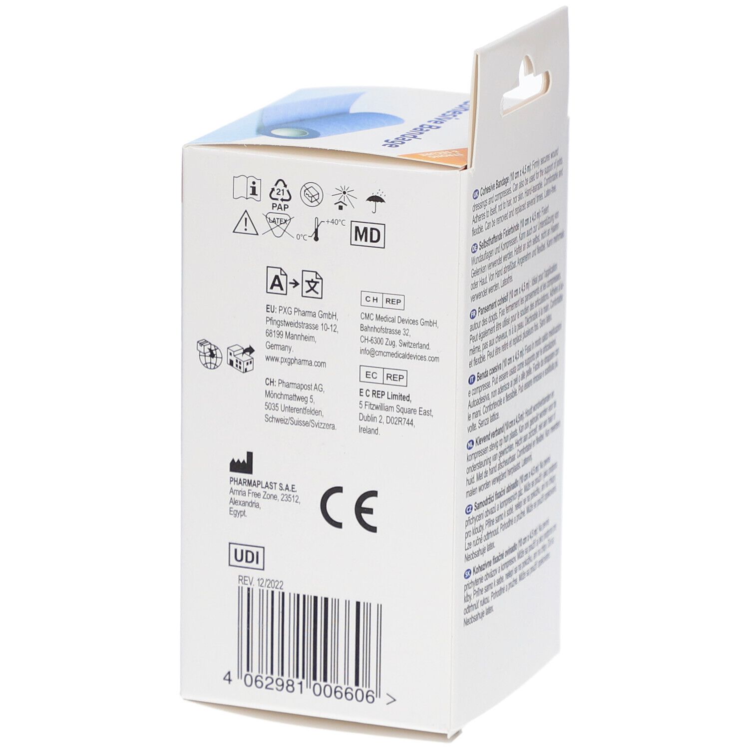 Verpackung der Fixierbinde. Herstellerinformationen, CE-Zeichen, UDI-Code und Barcode. Warnhinweise und Symbole.