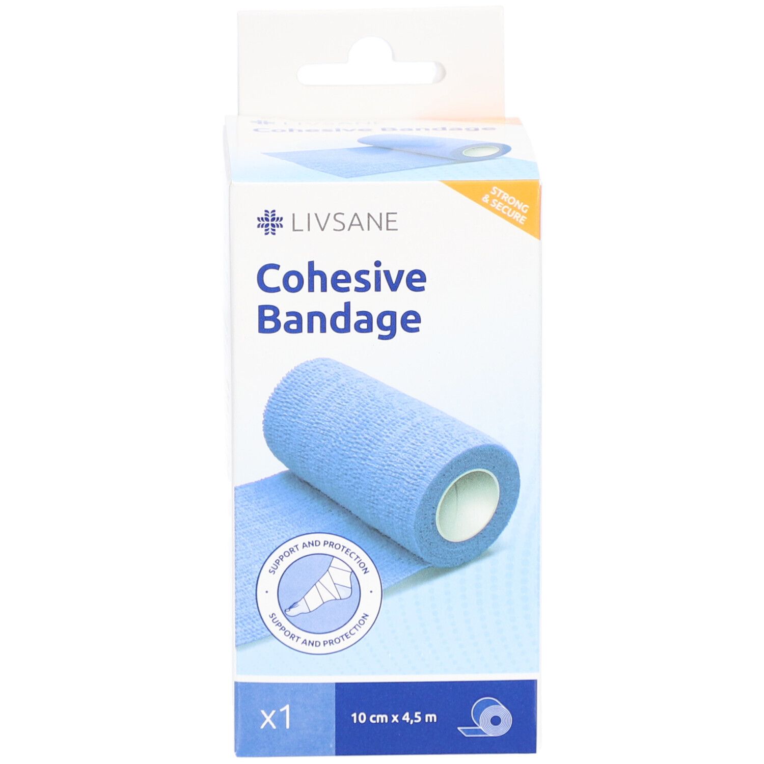 Verpackung der blauen Fixierbinde. Aufschrift: LIVSANE Cohesive Bandage, 10 cm x 4,5 m. CE-Zeichen. Produktabbildung.